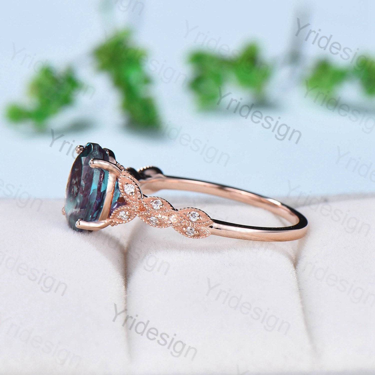 8X10mm Oval Alexandrite Engagement Ring for Women - Split Shank Art Deco Moissanite Diamond Wedding Band, Milgrain Detailing, June Birthstone Anniversary Gift - Perfect for Proposals, Bridal Jewelry & Special Occasions