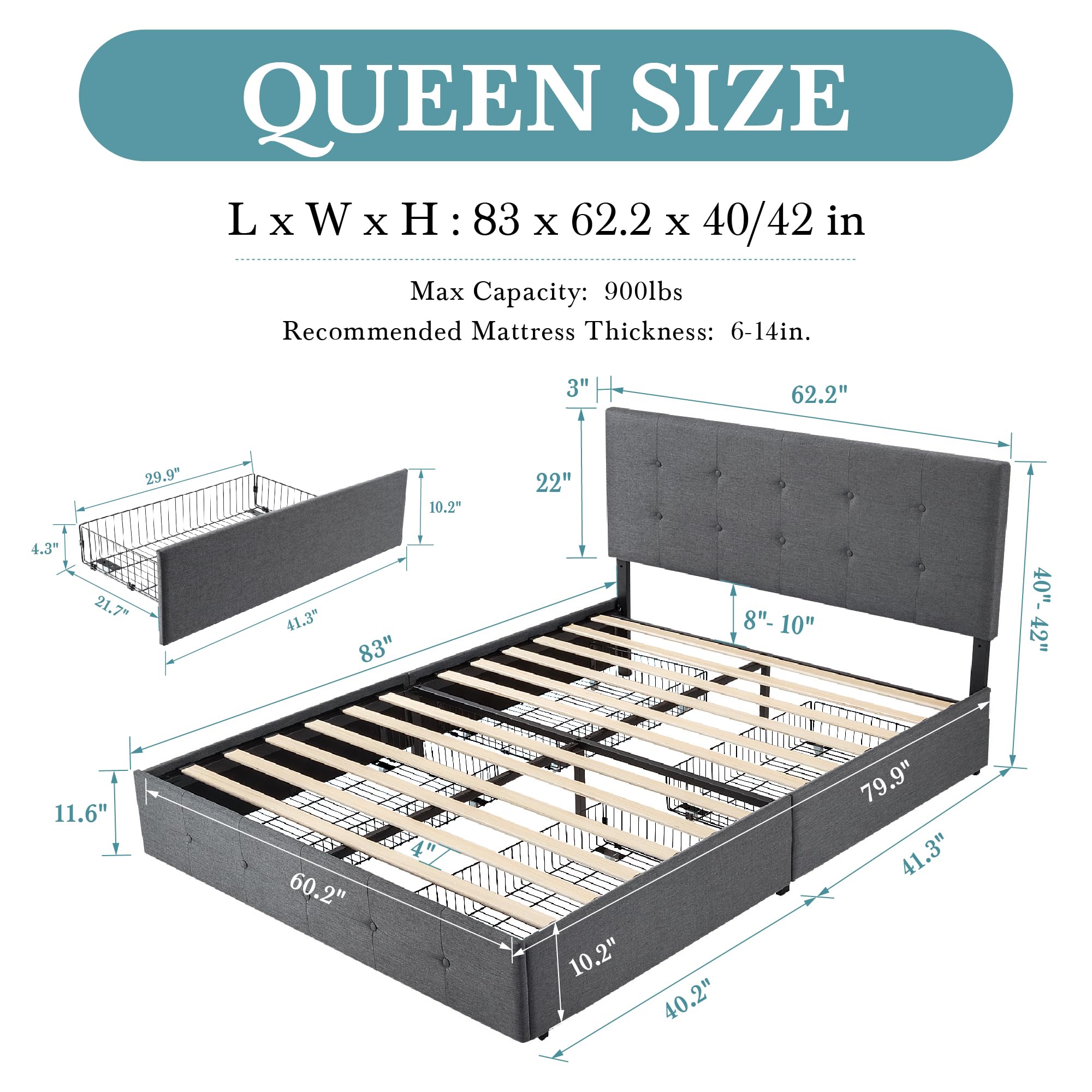 HOOMIC Queen Size Storage Bed Frame with 4 Drawers & Adjustable Headboard - No Box Spring Needed, Wooden Slats, Noise Free, Easy Assembly - Dark Grey Tufted Platform Bed for Bedroom, Guest Room, Dorm