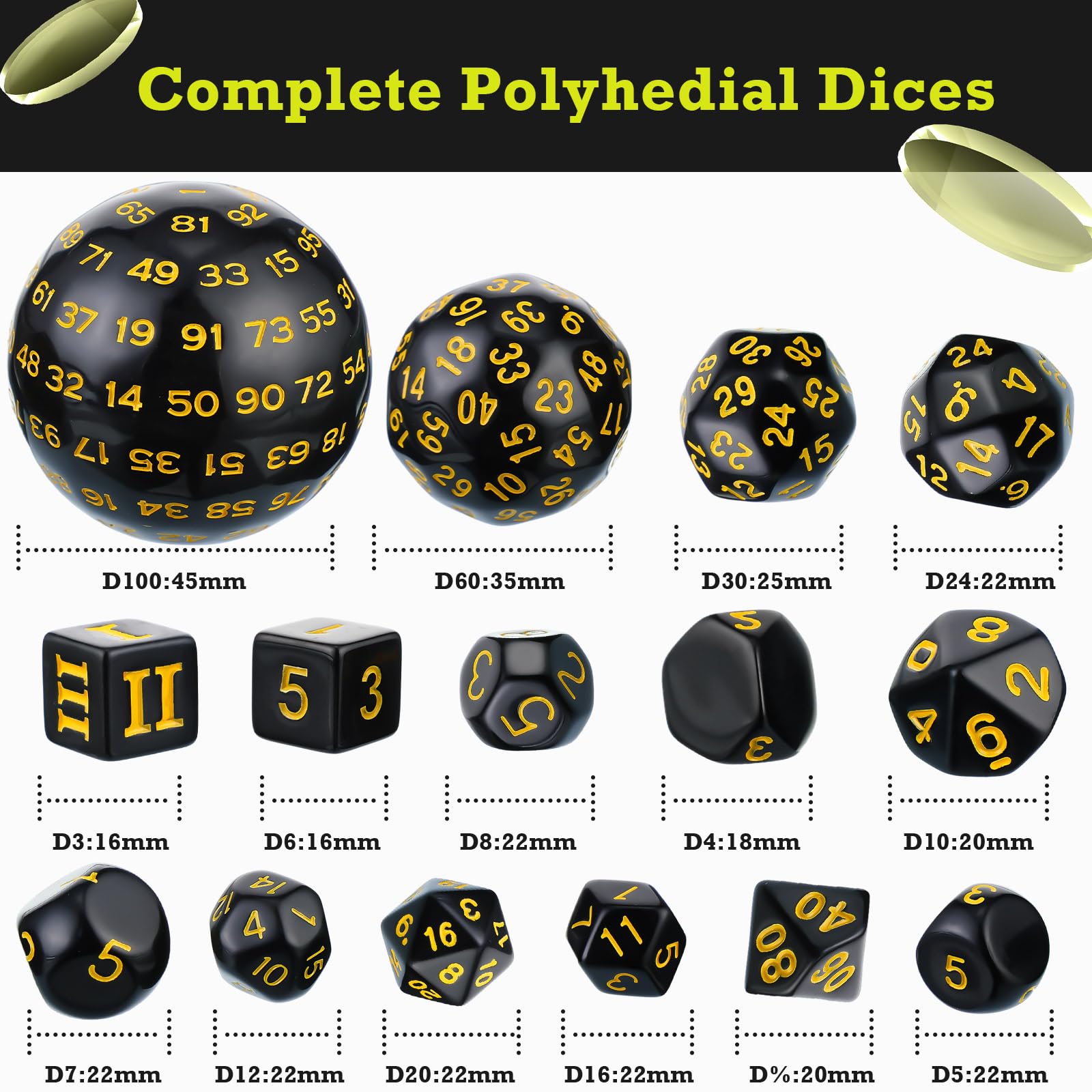 15-Piece Complete Polyhedral Dice Set D3-D100 | Opaque Black & Yellow RPG Dice for Dungeons & Dragons, Pathfinder | Perfect for Tabletop Gaming, D&D Campaigns & Role-Playing Game Nights
