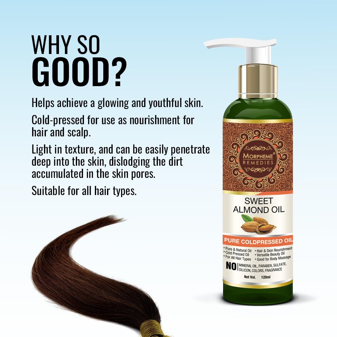Pure Cold-Pressed Sweet Almond Oil for Hair & Skin Care - 120ml | Natural Moisturizer for Dry Skin, Hair Growth & Massage | Vegan & Chemical-Free
