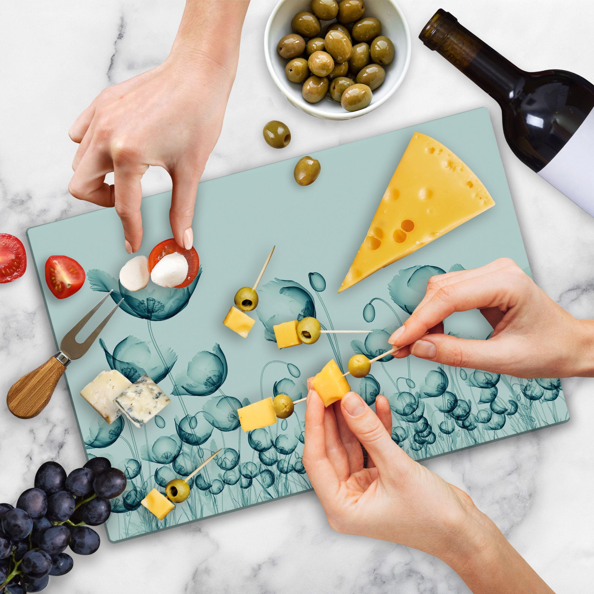 Ambesonne Decorative Tempered Glass Cutting Board - X-ray Art of Poppy Flowers in Wind, Large Teal & White Serving Board for Kitchen, Charcuterie & Party Platters