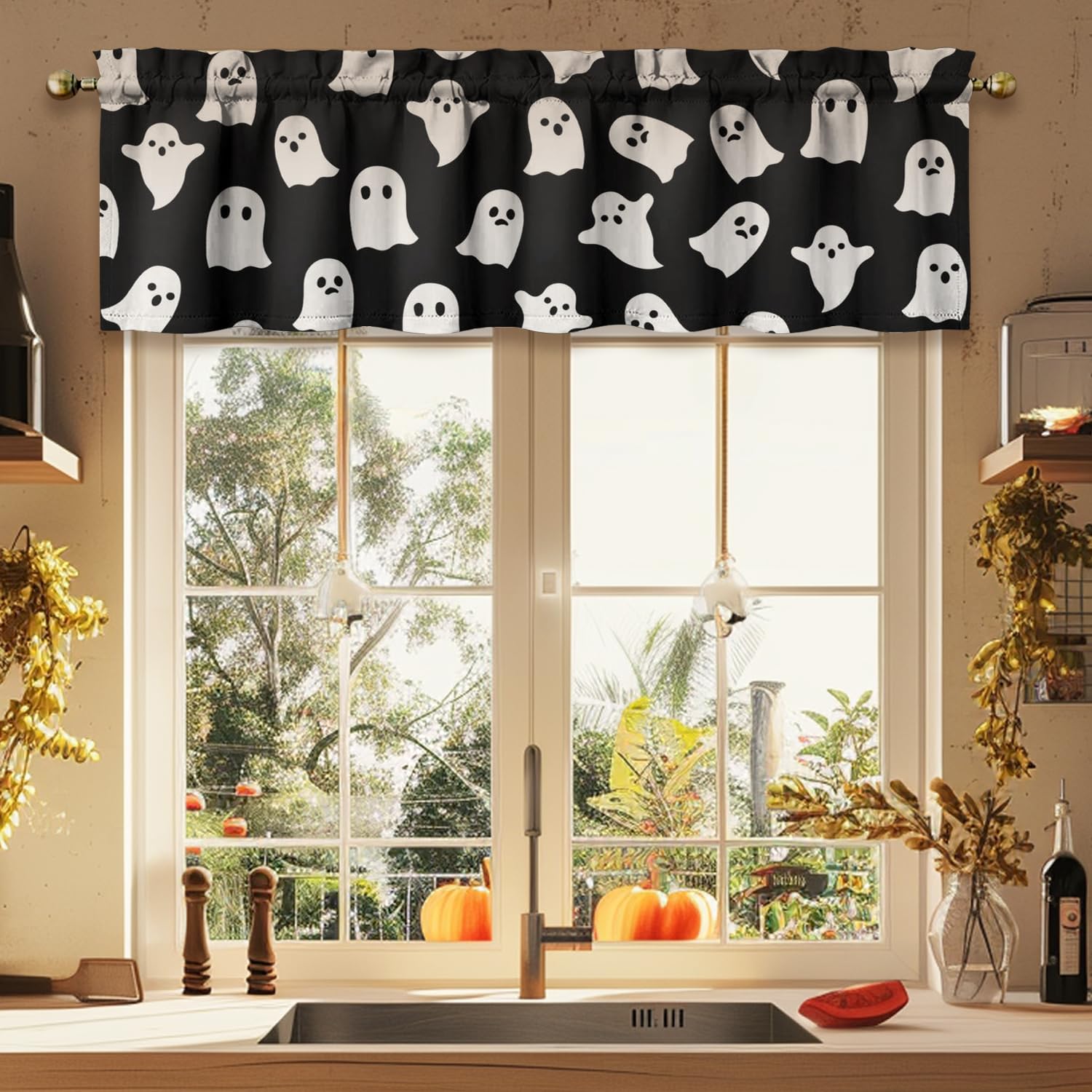 Spooky Halloween Kitchen Curtains 3-Piece Set - Ghost Design for Sink Window Decor