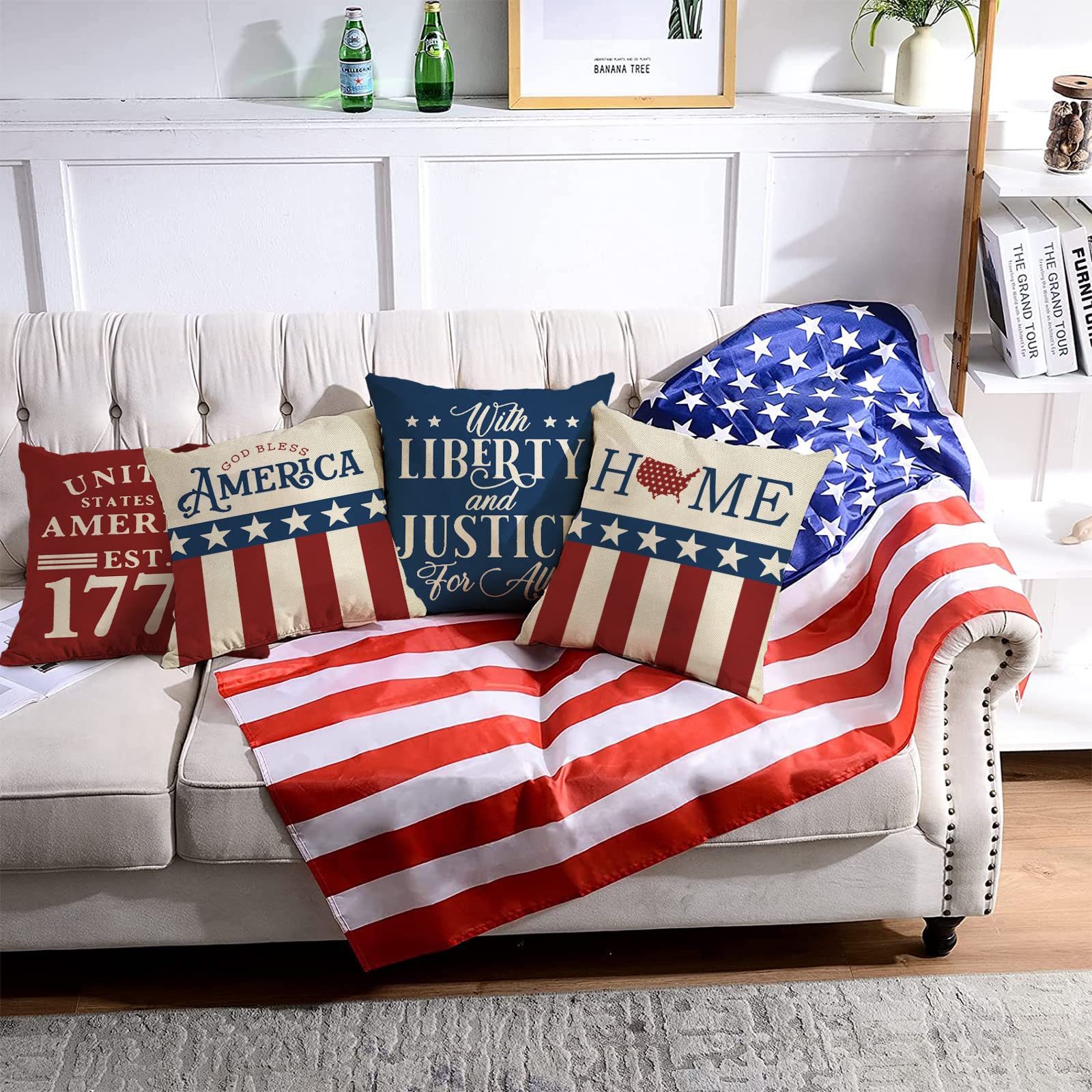 4th of July Patriotic Throw Pillow Covers 18x18 Inch Set of 4 - USA Flag Star Stripe Design with 'God Bless America' & 'Est.1776' - Perfect for Sofa, Couch, Bedroom Decor & Independence Day Celebrations