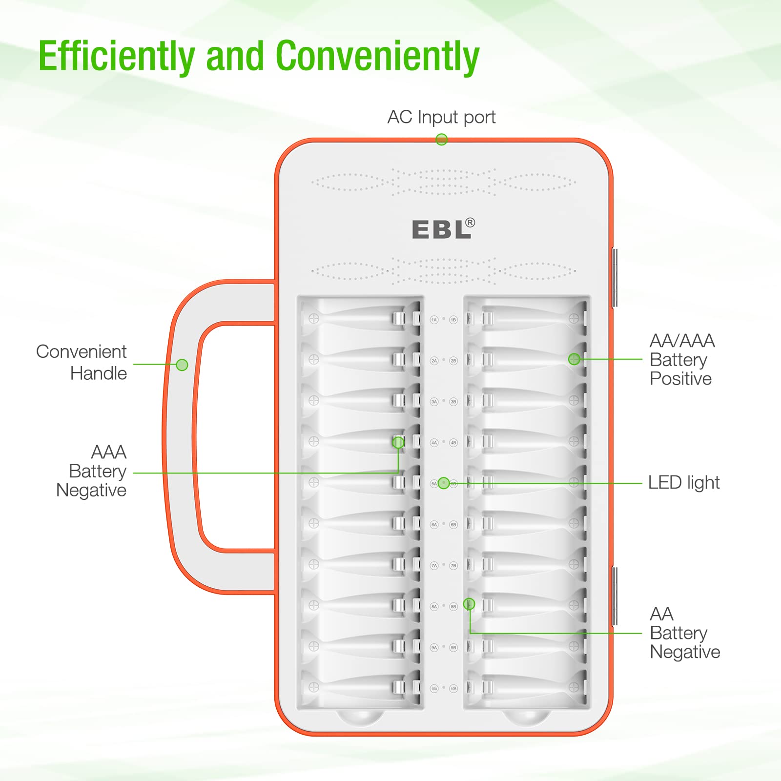 EBL 40-Slot AA AAA Battery Charger for 2/4/6/8/10/12/14/16/18/20/22/24/26/28/30/32/34/36/38/40 Rechargeable Batteries - Fast Multi-Charger with LCD Display & Handle Design (Batteries Not Included) - Perfect for Home, Office, Camera, Toys, and Electronics