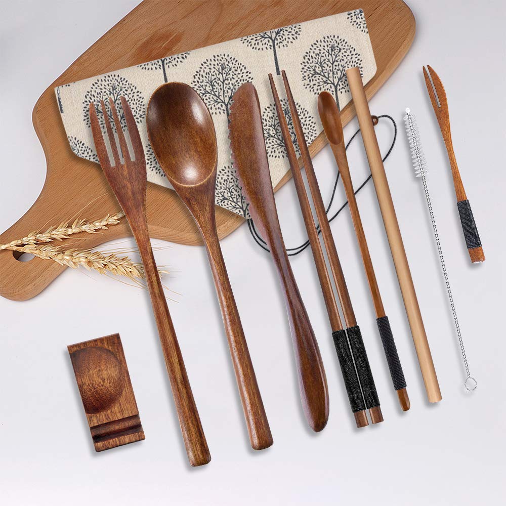Japanese Wooden Travel Cutlery Set - 9pc Reusable Utensils with Case for Camping & Picnics
