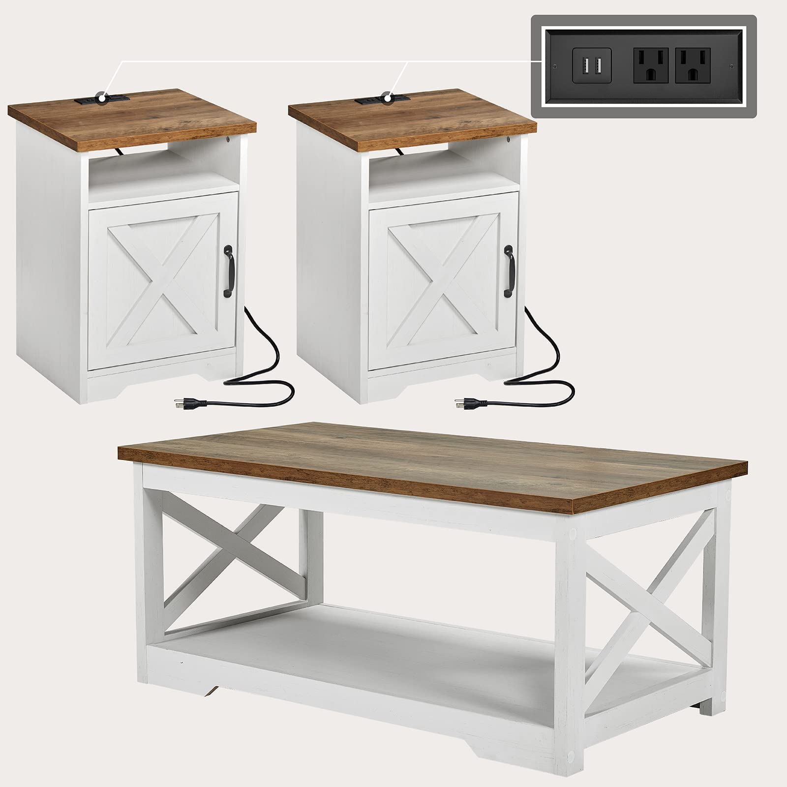 AMERLIFE 3-Piece Farmhouse Living Room Table Set with Coffee Table & 2 End Tables - USB Charging Station, Distressed White Finish - Perfect for Rustic Home Decor & Modern Entertainment Spaces