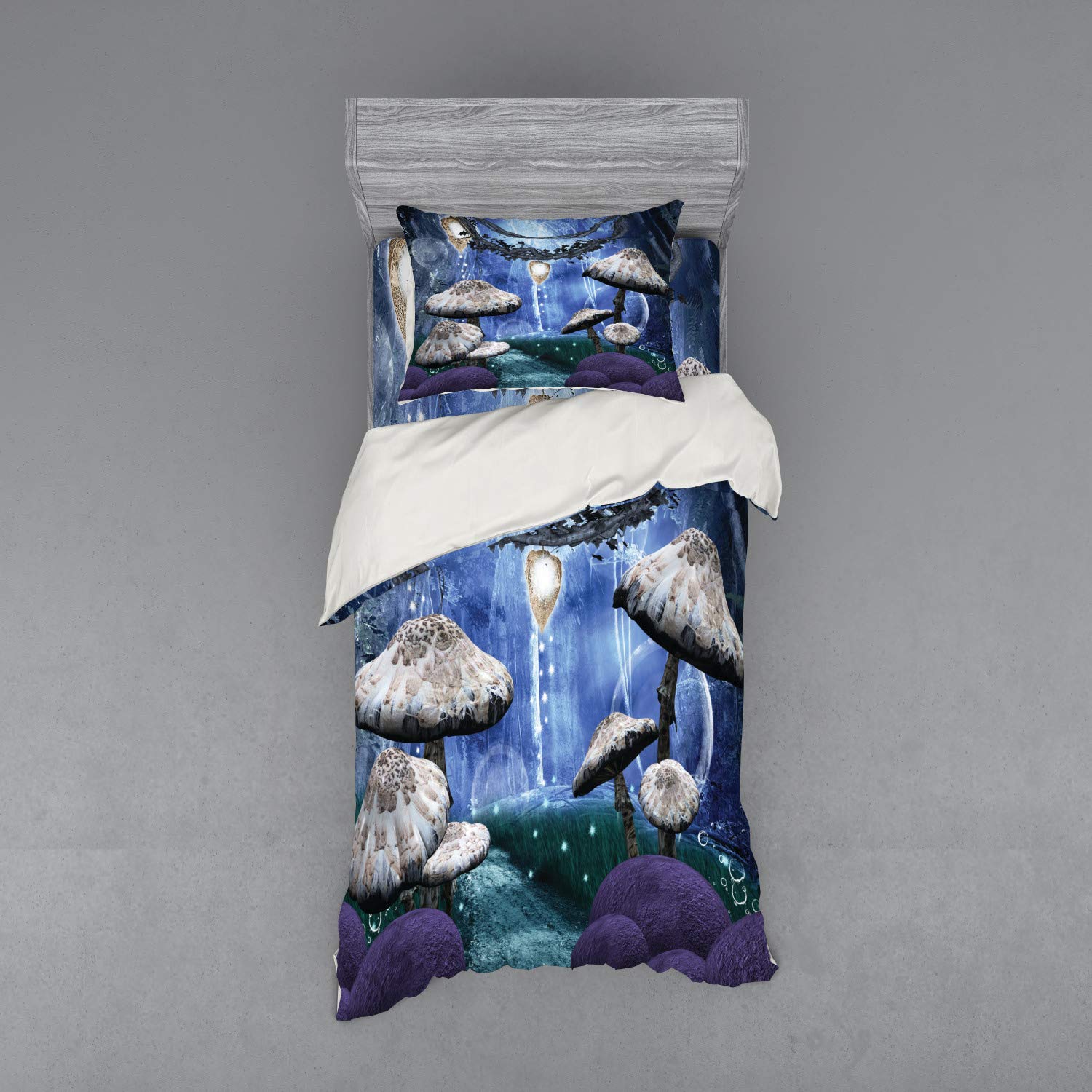 Ambesonne Trippy Bedding Set - Abstract Dreamlike Forest Night Scenery with Mushrooms, Pixie Dust & Bubbles | 3-Piece Duvet Cover Set with Pillow Sham & Fitted Sheet | Twin Size Multicolor Bedding | Perfect for Psychedelic Decor, Teen Rooms & Fantasy Themed Bedrooms
