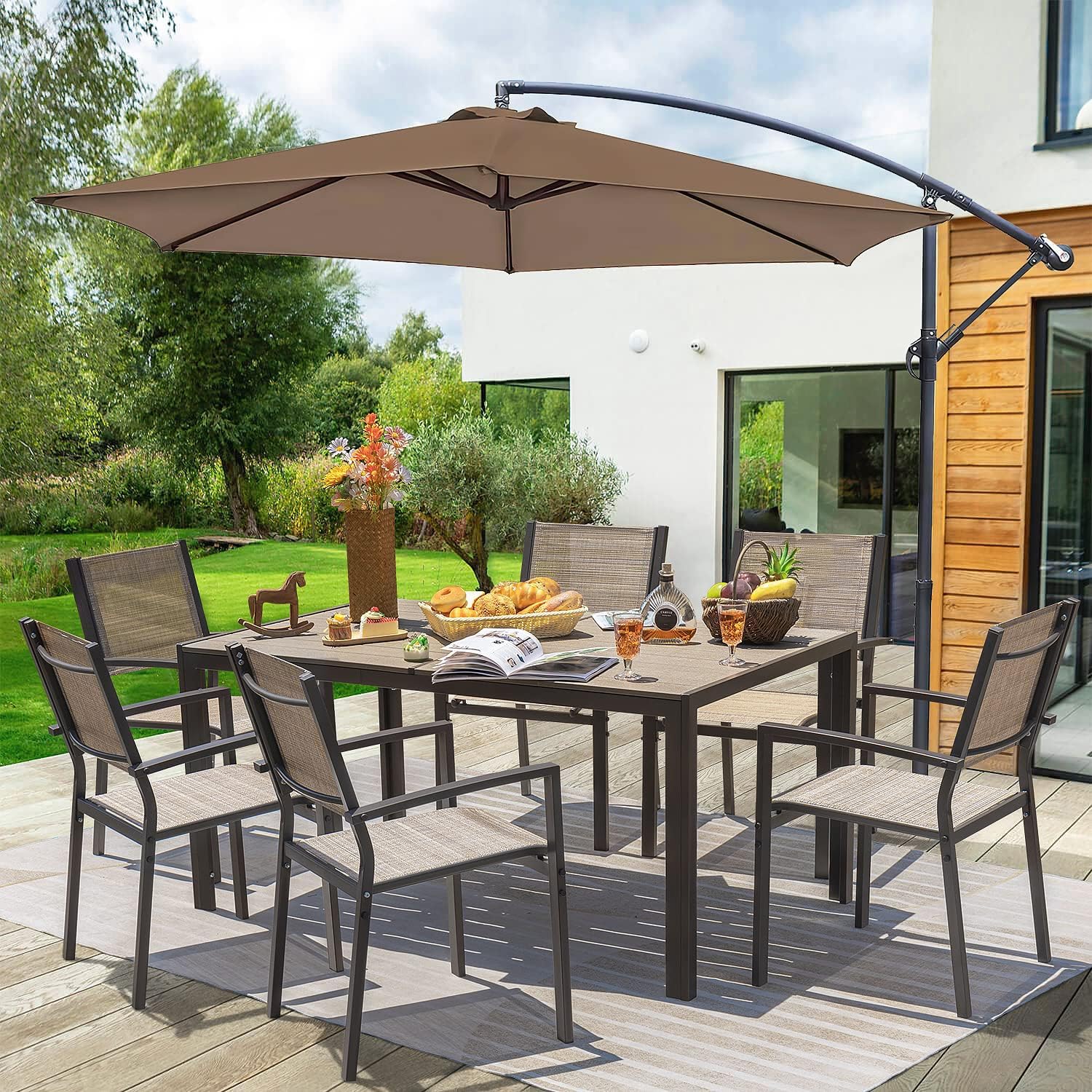 Homall 7-Piece Patio Dining Set - Outdoor Furniture with Large Table & 6 Textilene Chairs for Porch, Garden, Backyard - Brown Weather-Resistant Dining Set for Outdoor Entertaining