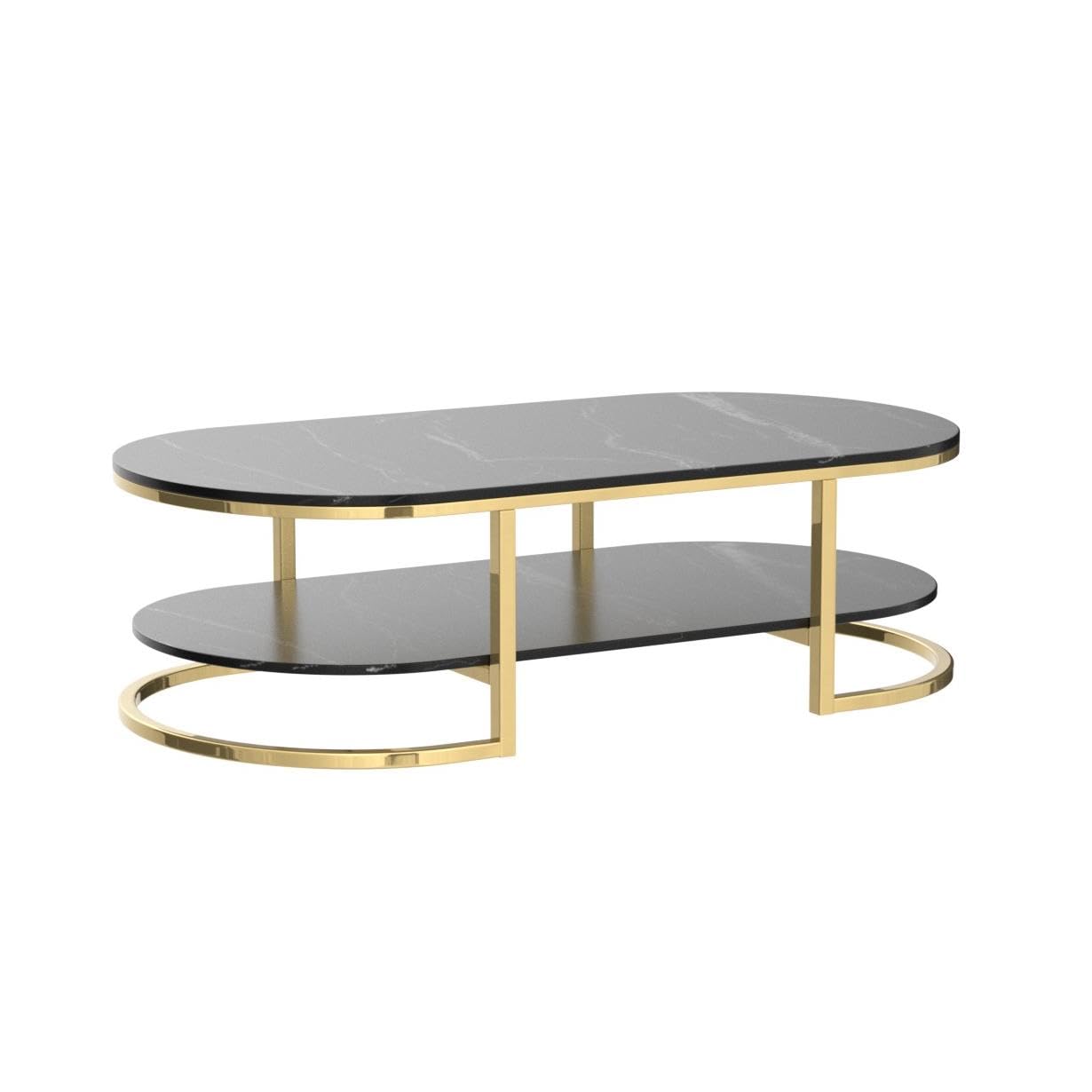 Modern Oval Faux Marble Coffee Table with Gold Metal Frame - Living Room Center Table with Storage Shelf - Cocktail Table for Small Spaces 18