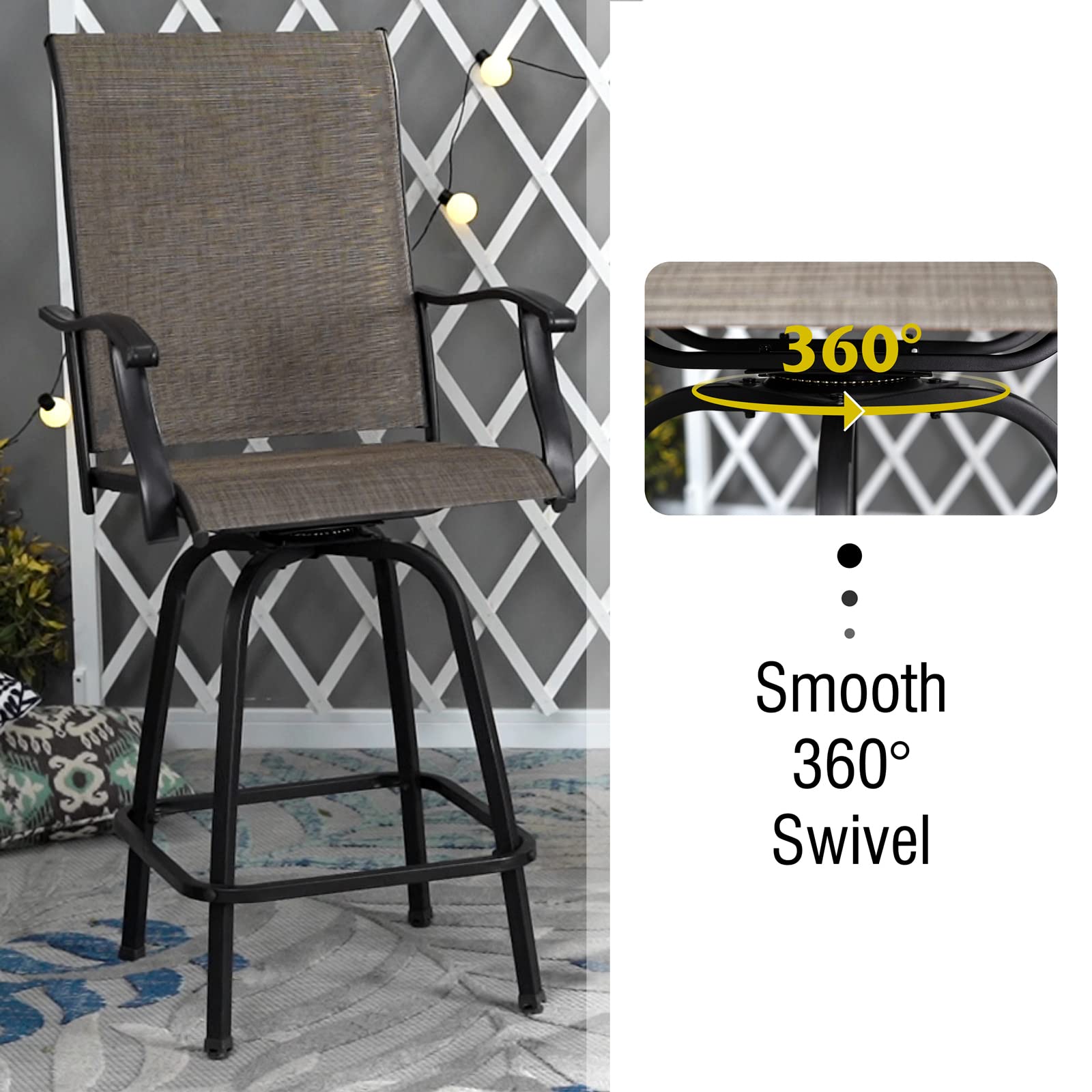 MFSTUDIO 2 Pack Outdoor Swivel Bar Stools - Patio Bar Height Chairs with Breathable Sling Fabric, All-Weather Resistant, Brown - Perfect for Backyard, Deck, Poolside & Garden Use