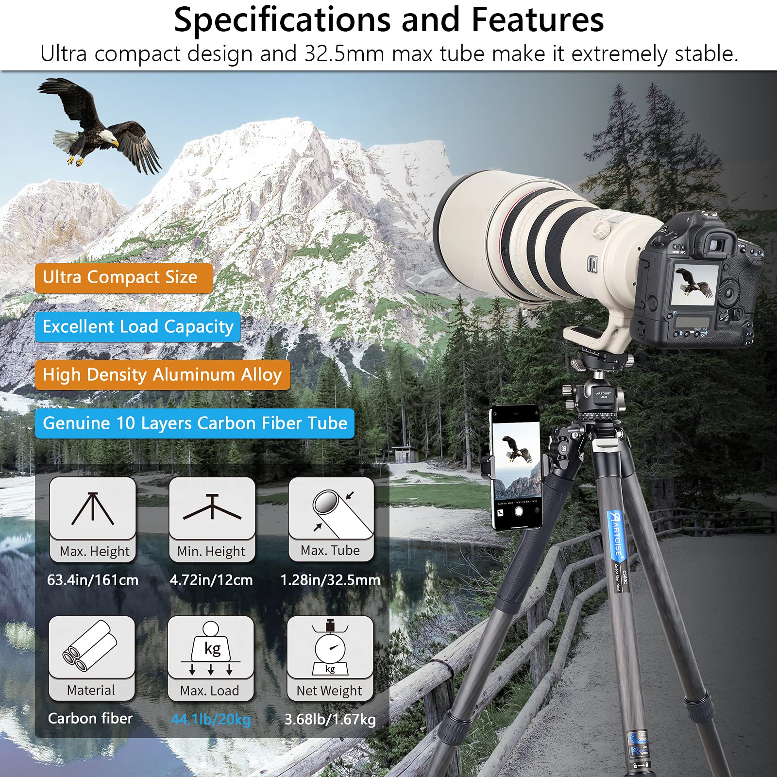 ARTCISE Carbon Fiber Camera Tripod - Heavy Duty Professional Travel Tripod for DSLR, Mirrorless & Video Cameras - 44lb/20kg Max Load - Lightweight & Stable for Outdoor Photography, Vlogging & Travel