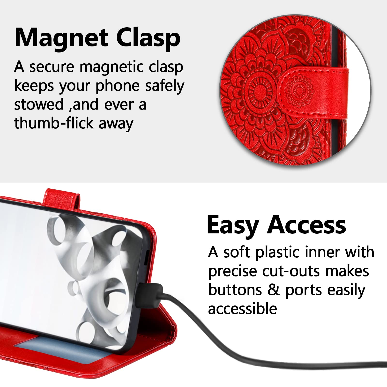 Premium Leather Mandala Flip Wallet Case for iPhone SE/7/8 (5G Compatible) - Magnetic Stand with Card Slots & Lanyard, Ultra Slim Embossed Cover (Red) - Perfect for Daily Commute, Travel & Hands-Free Viewing