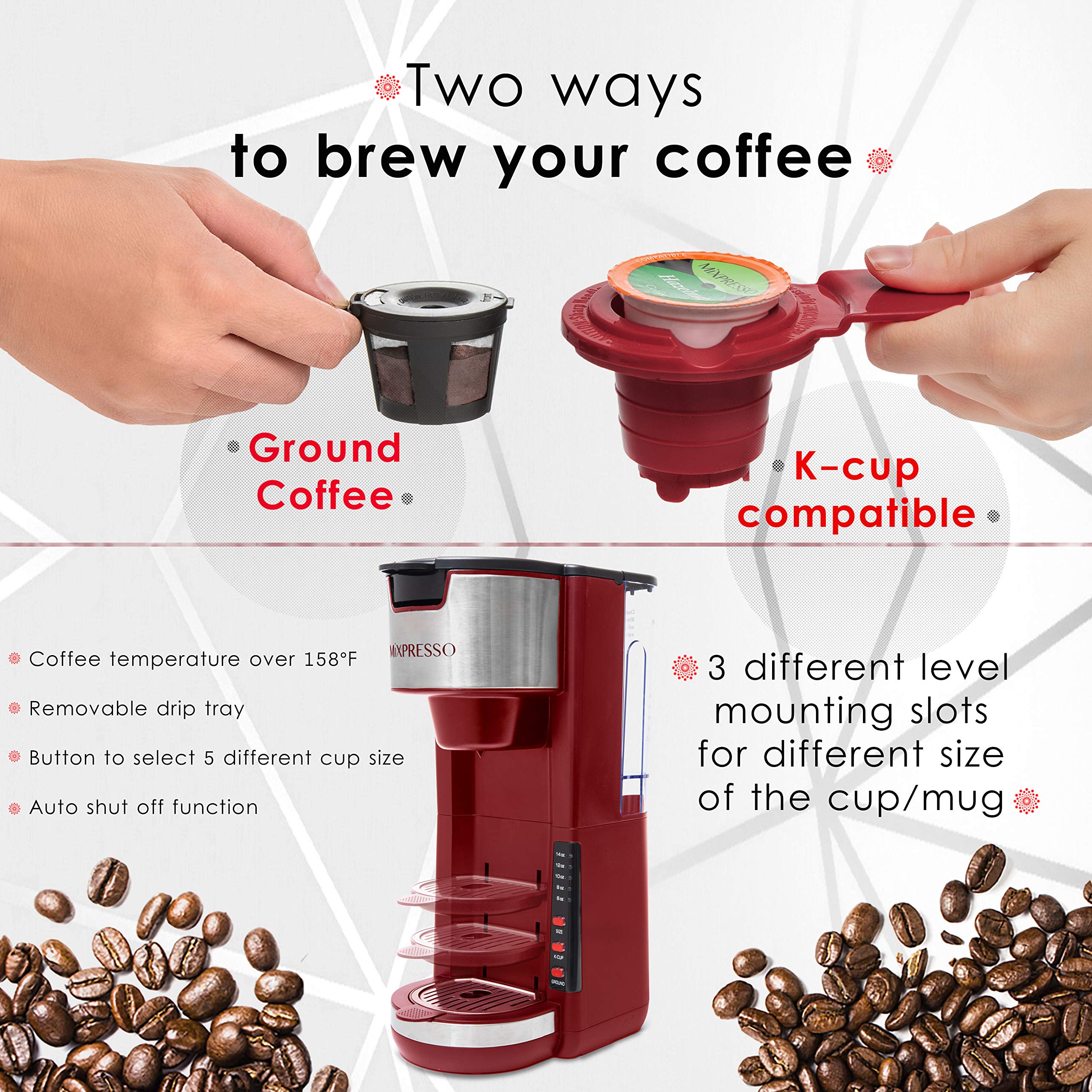 Mixpresso Single Serve Coffee Maker - Compact 30oz K-Cup & Ground Coffee Brewer with 5 Brew Sizes (Up to 14oz), Adjustable Drip Tray, Travel Mug Compatible - Perfect for Home, Office, and Travel (Red)