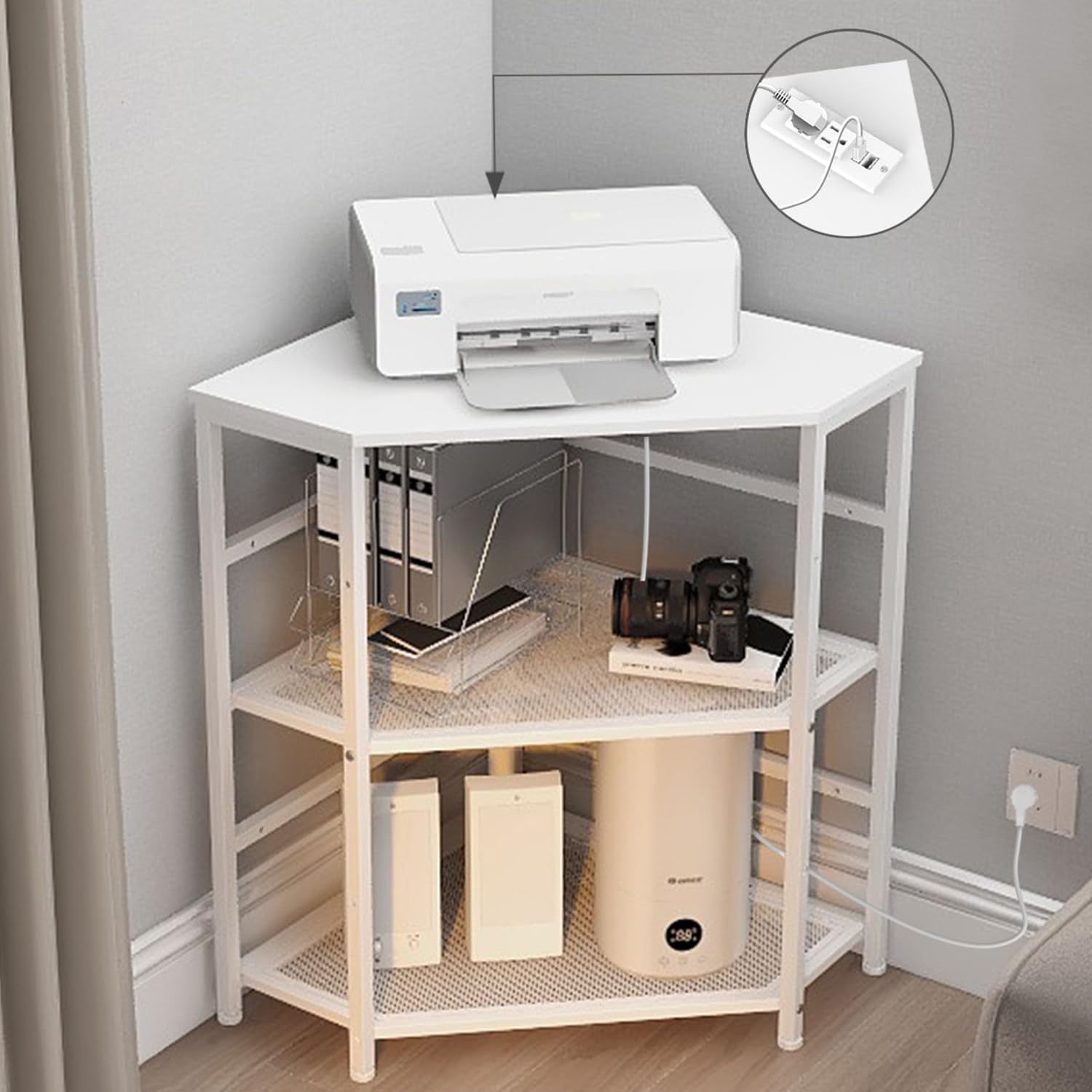 VEDECASA Corner Printer Stand with Power Outlet & USB Ports - Adjustable Storage Shelf & CPU Tower Holder - White Home Office Desk Organizer for Printer, Computer & Charging Devices