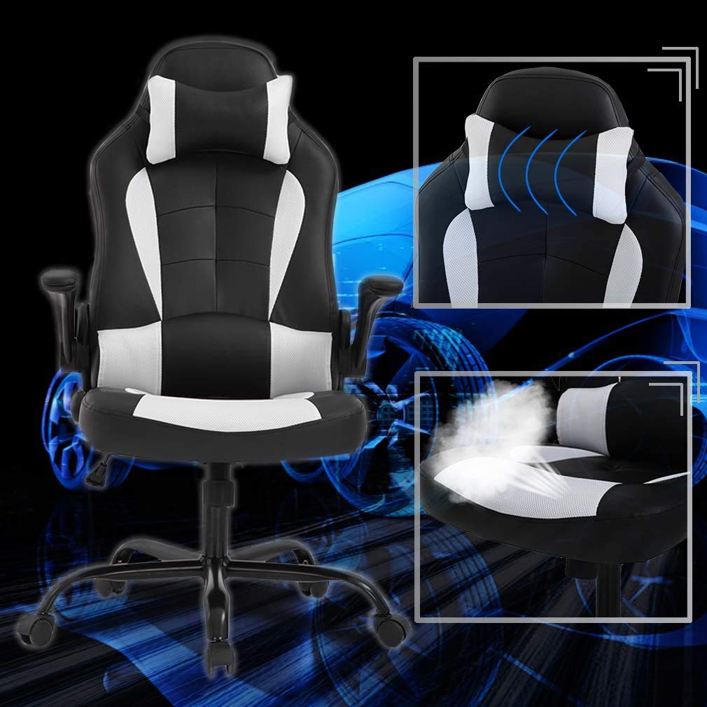 Premium Ergonomic Gaming Chair - Adjustable Racing Style PC Computer Office Chair with Lumbar Support & Flip-Up Armrests - High Back Swivel Rolling Task Chair for Men & Women - Perfect for Gaming, Work & Home Office (White)