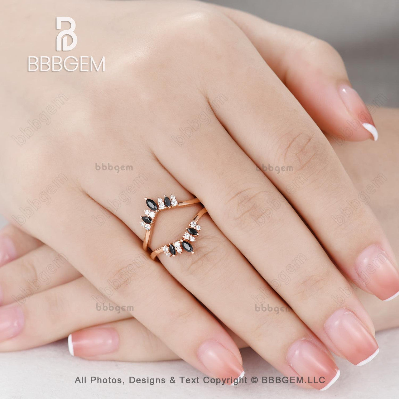 Marquise & Round Cut Black Onyx Diamond Chevron Wedding Band Ring Enhancer - Unique Rose Gold Curved Spinel Moissanite Bridal Jewelry for Engagement, Anniversary & Special Occasions