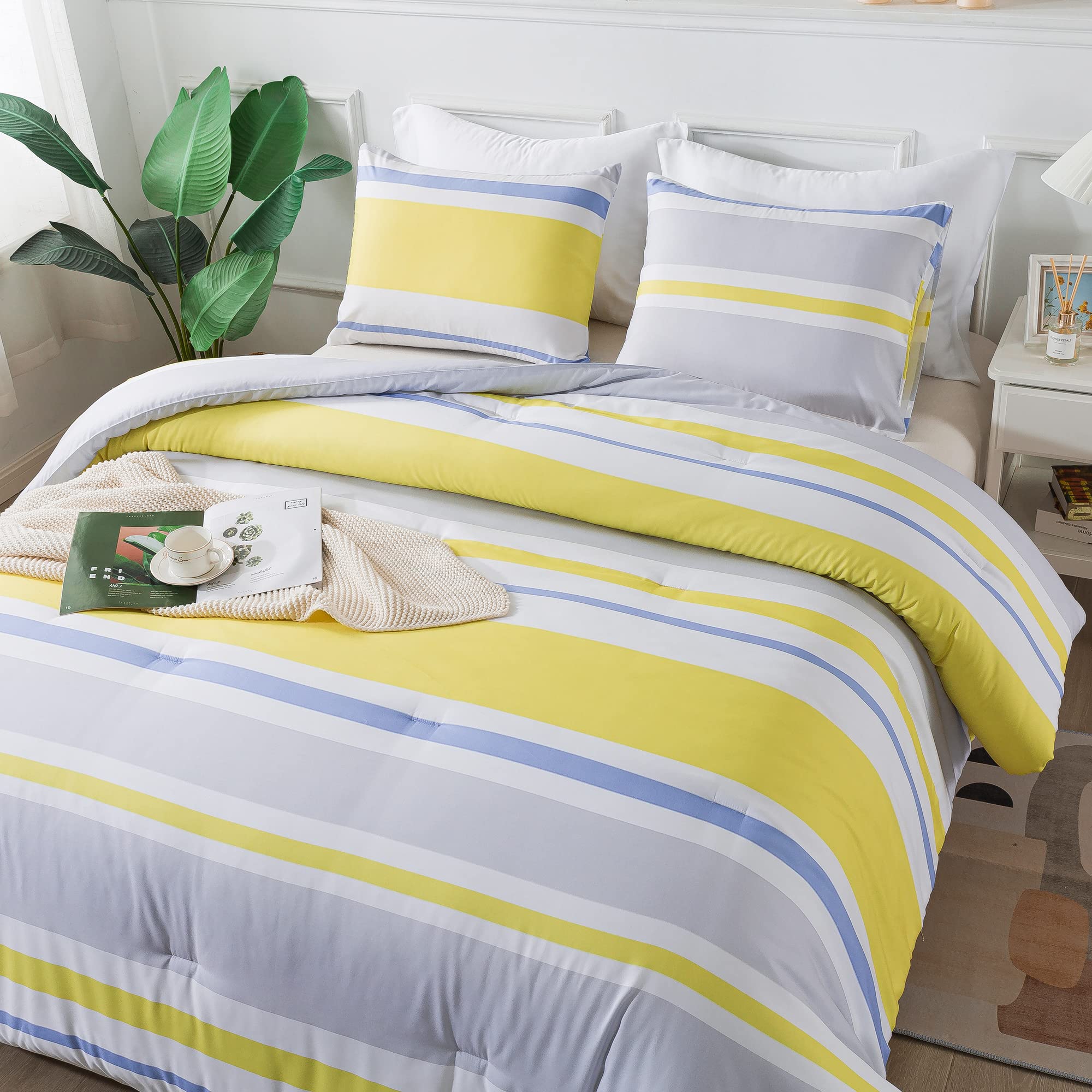 Andency Queen Size Comforter Set (90x90 Inch) - 3 Piece Yellow & Blue Striped Patchwork Bedding | Soft Microfiber Down Alternative Blanket with Corner Loops | Perfect for Guest Rooms, Dorms & Cozy Bedrooms