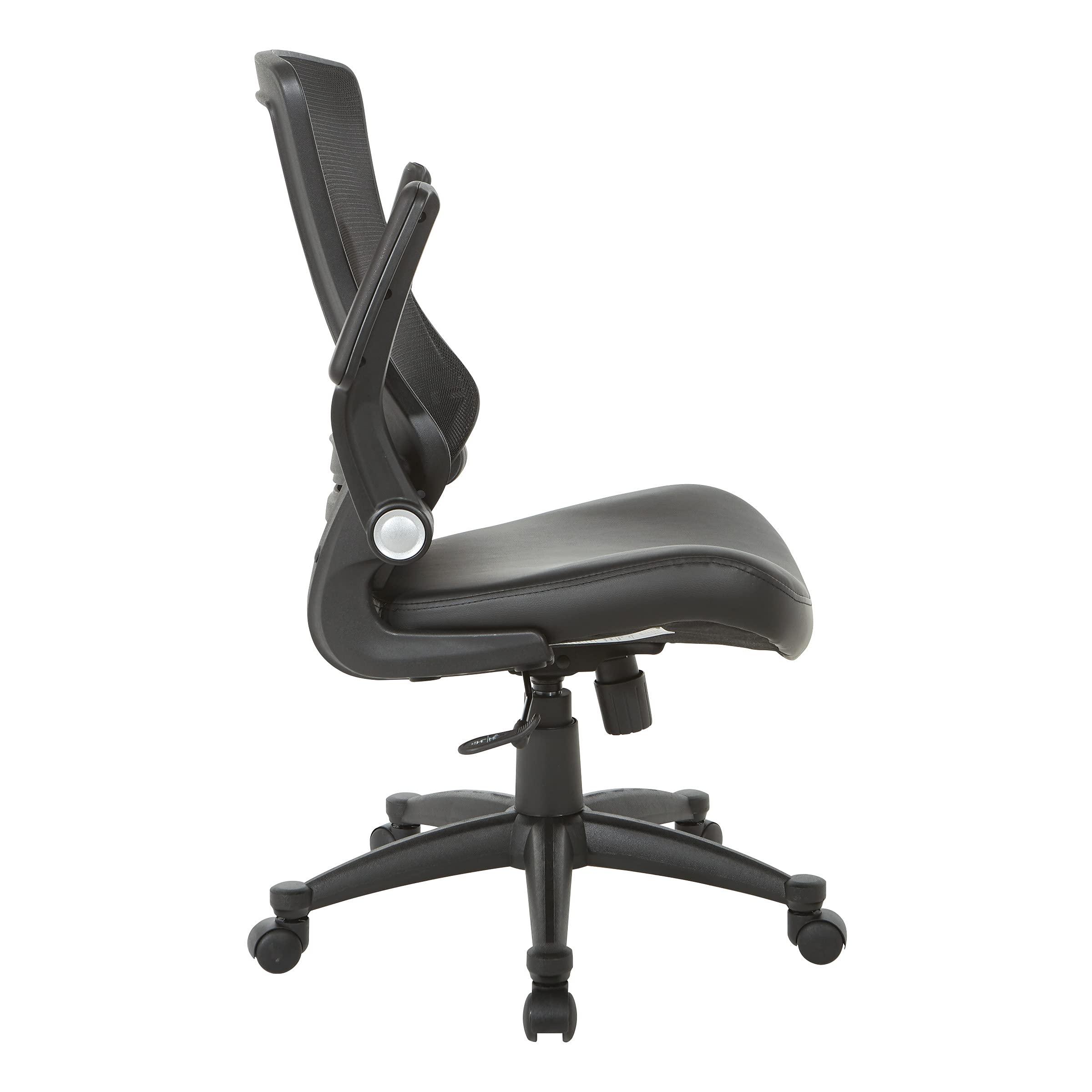 Office Star Ventilated Black Mesh Back Fully Adjustable Ergonomic Office Chair with Padded Flip-Up Arms and Swivel Nylon Base - Black Faux Leather Executive Chair for Home Office & Workspace