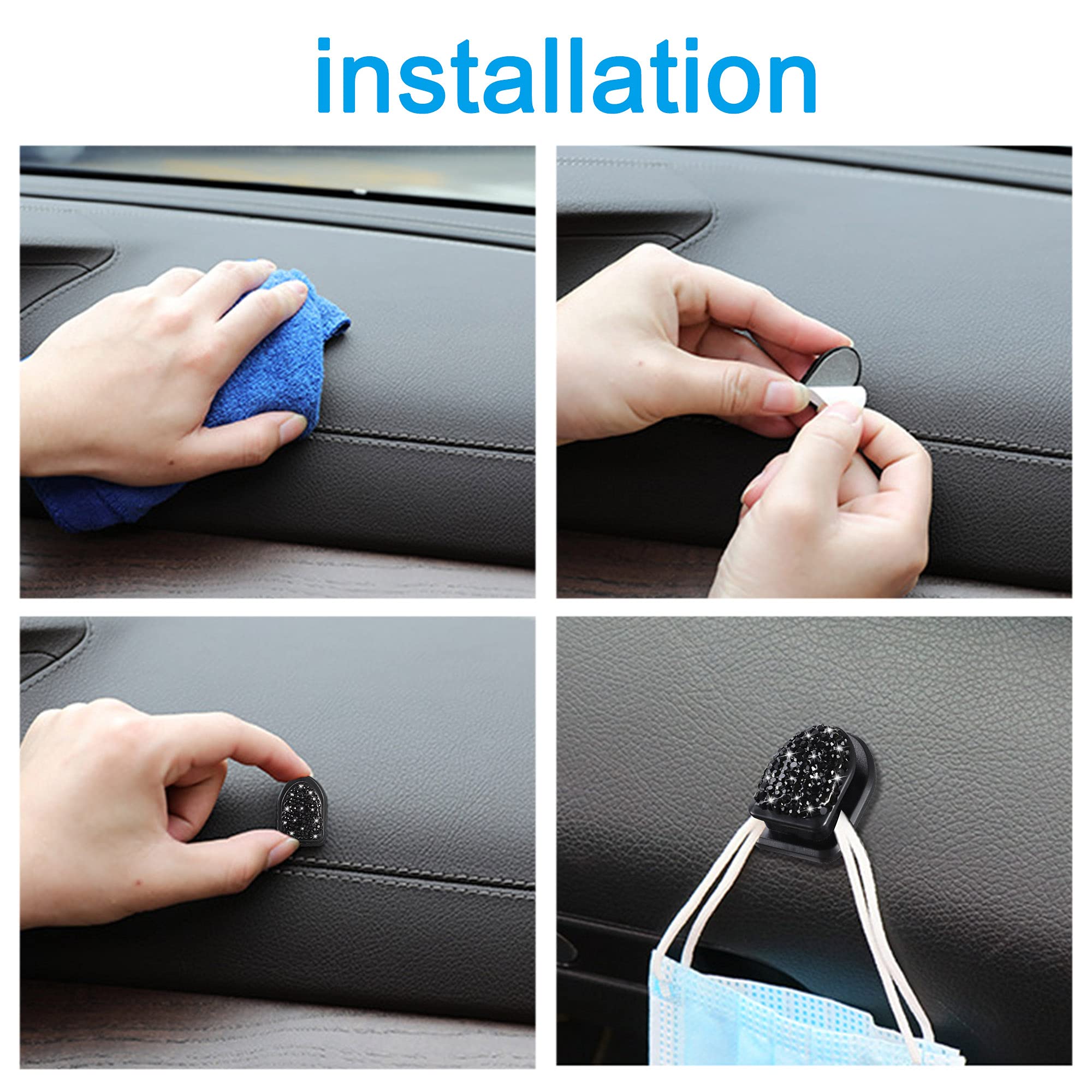 Winka Bling Car Hooks 4 Pack - Crystal Car Accessories for Keys & Sunglasses, Multifunctional Dashboard Hanging Storage Hook with Diamond Design, Universal Car Organizer (Black) - Perfect for Road Trips & Daily Commute