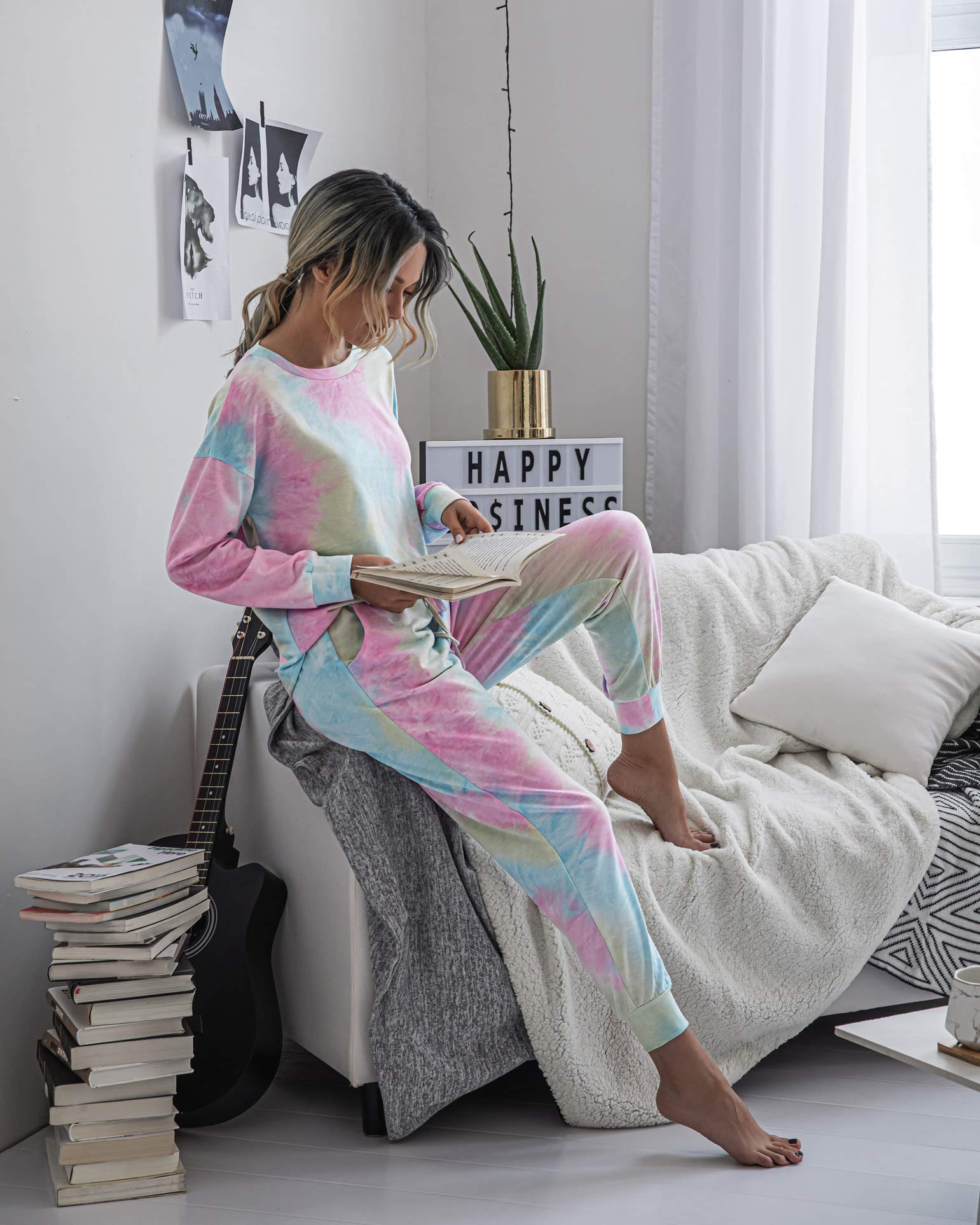 TSMNZMU Women's Tie Dye Pajama Set - 2 Piece Long Sleeve Sleepwear with Pockets, Soft Pullover Top & Jogger Pants for Lounge, Sleep & Relaxation at Home