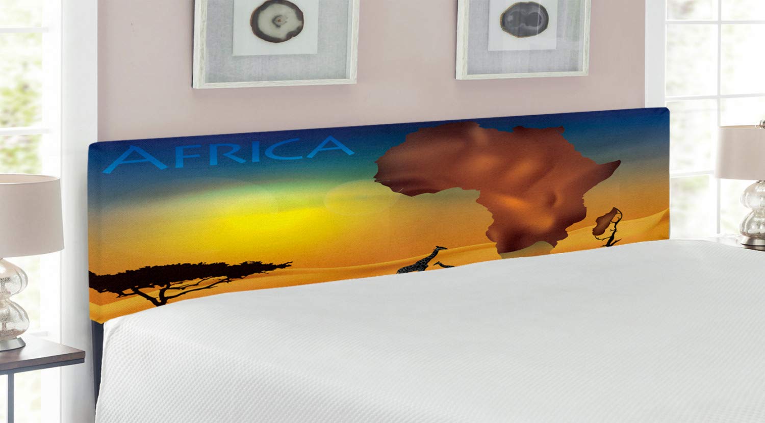 Ambesonne Savannah King Size Upholstered Headboard - Giraffe & Exotic African Wildlife Design, Memory Foam Padding, Orange Chocolate Blue - Perfect for Safari & Jungle Themed Bedrooms