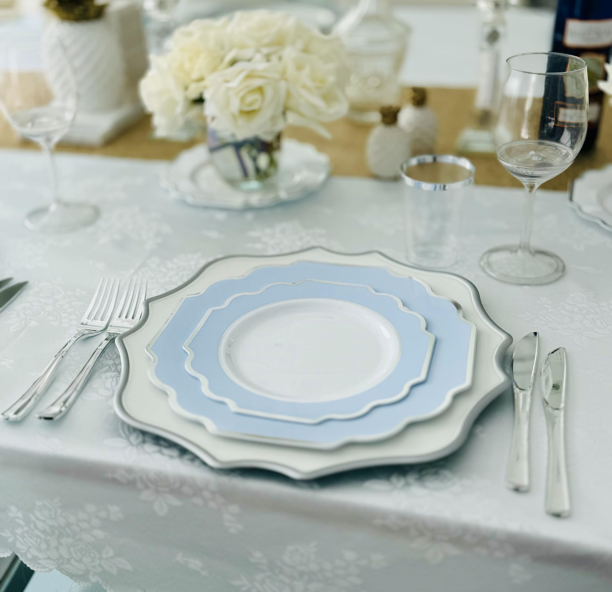 320-Piece Heavyweight Disposable Plastic Plate Set for Weddings & Parties - 40 x 10.5'' Dinner Plates + 40 x 8'' Dessert Plates + Silverware + Cups + Napkins (White, Blue & Silver) - Perfect for Large Gatherings, Catering Events & Special Occasions