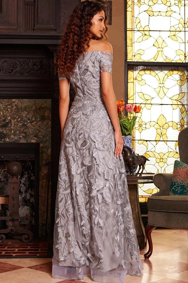 Jovani 09810 Grey Short Sleeve A-Line Evening Gown for Women - Elegant Formal Dress for Prom, Cocktail Party & Special Occasions