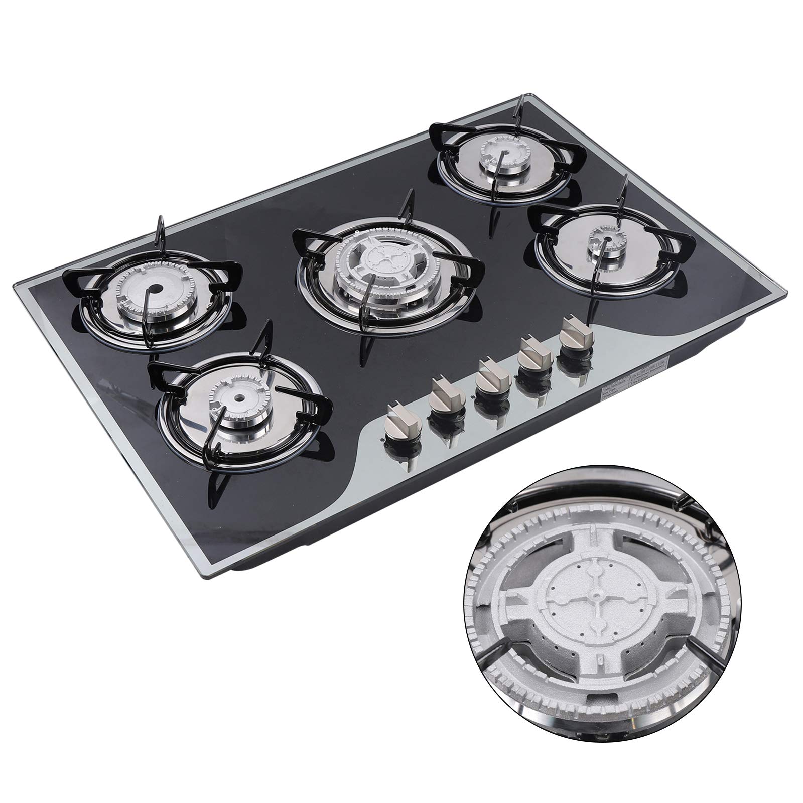 5 Burner Gas Stove Cooktop - 30.3 x 20 Inch Built-in Tempered Glass LPG/NG Dual Fuel Stove with 5 Nozzles - Perfect for Home Kitchen, Restaurant, RV & Outdoor Cooking