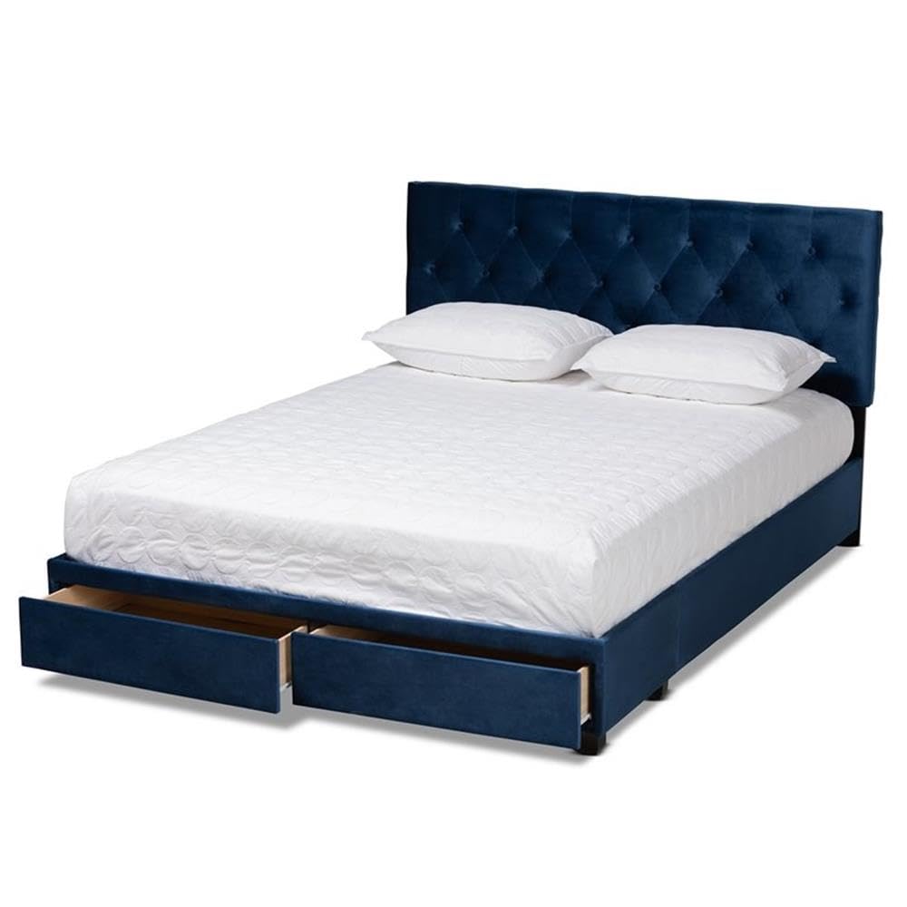 Baxton Studio Caronia Modern Navy Blue Velvet Upholstered Queen Platform Storage Bed with 2 Drawers - Contemporary Bedroom Furniture for Small Space & Guest Room