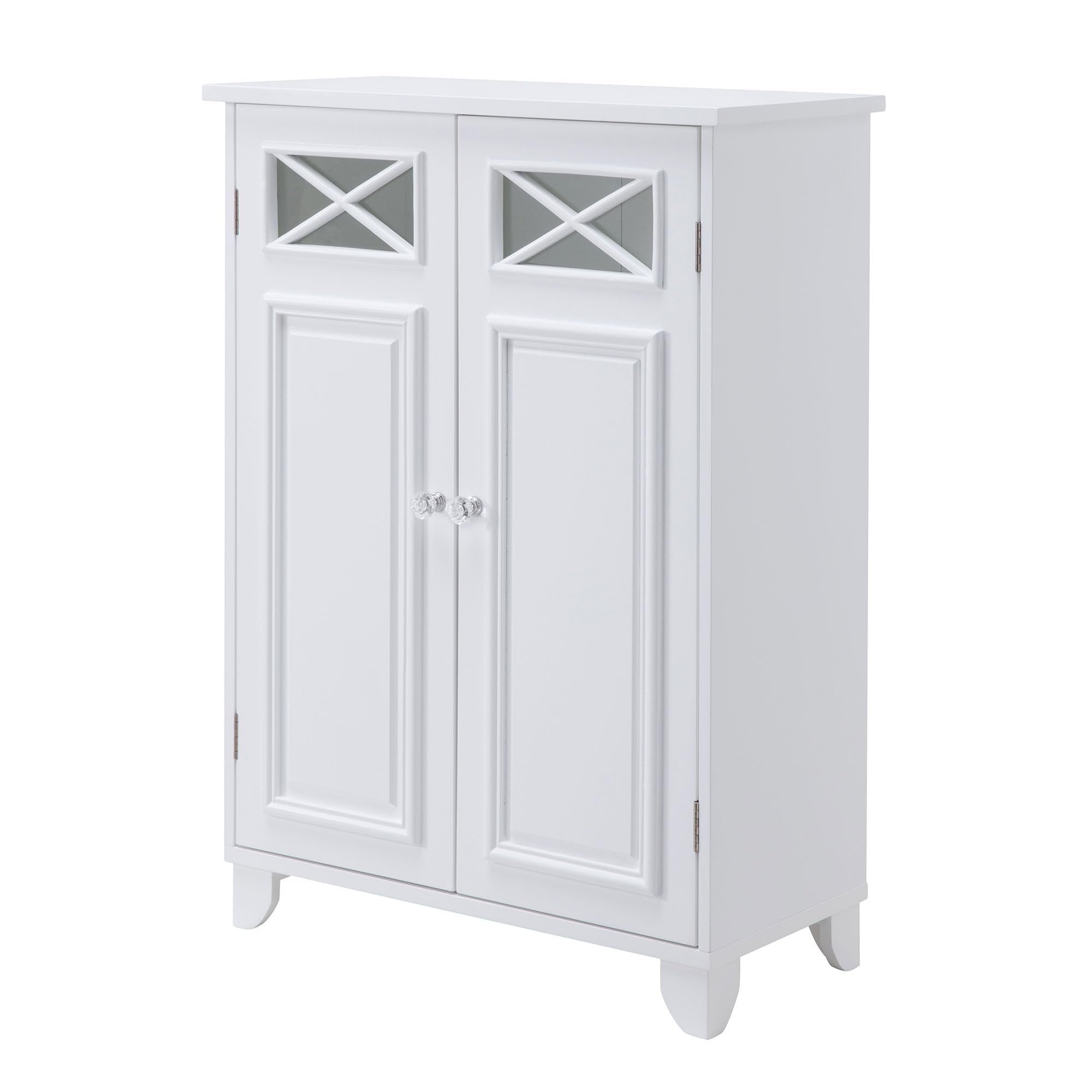 Teamson Home Dawson White Wooden Freestanding Floor Cabinet - 3 Storage Spaces, 1 Fixed & 1 Adjustable Shelf, 2 Glass Panel Doors with Clear Knobs - Perfect for Living Room, Bedroom, or Office Storage & Display