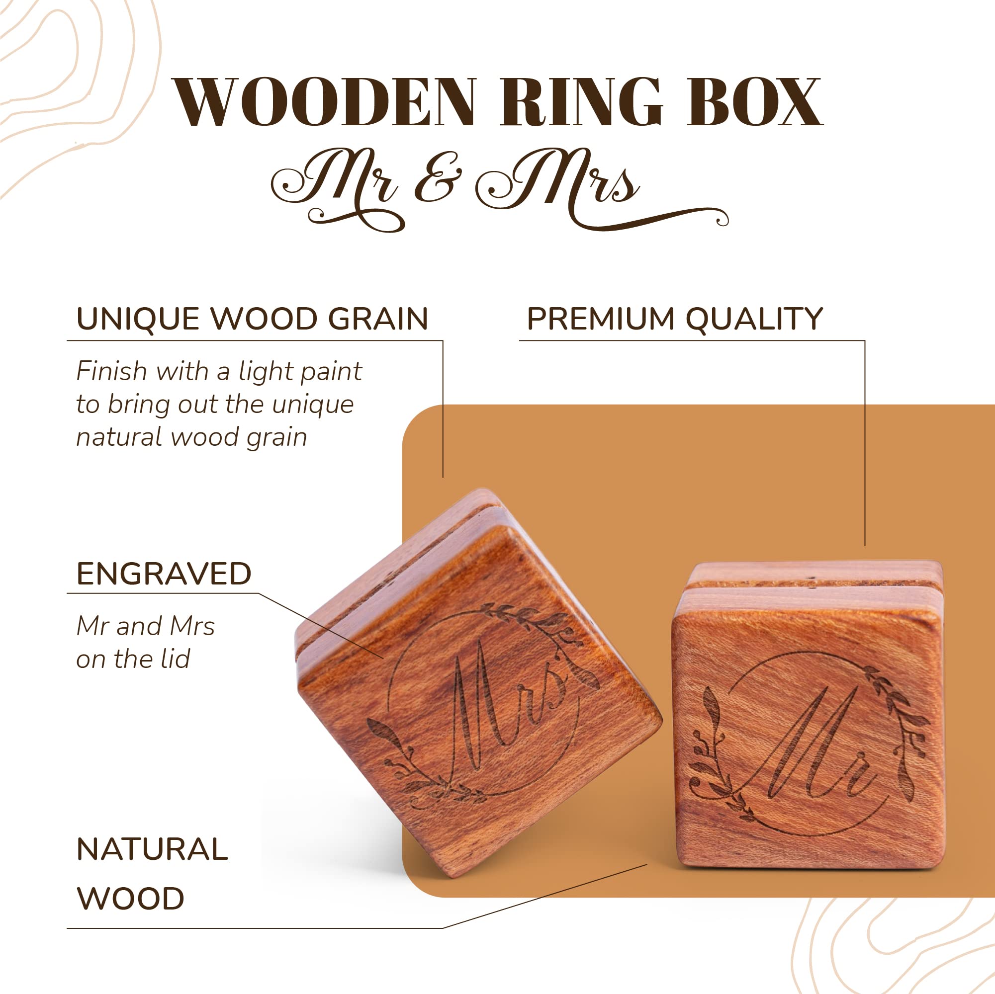 Handmade Wooden Wedding Ring Box Set - Engraved Rustic Ring Holder for Ceremony, Small Ring Storage Box with Floral Design (2 PCs) - Perfect for Proposals, Vows & Anniversary Gifts