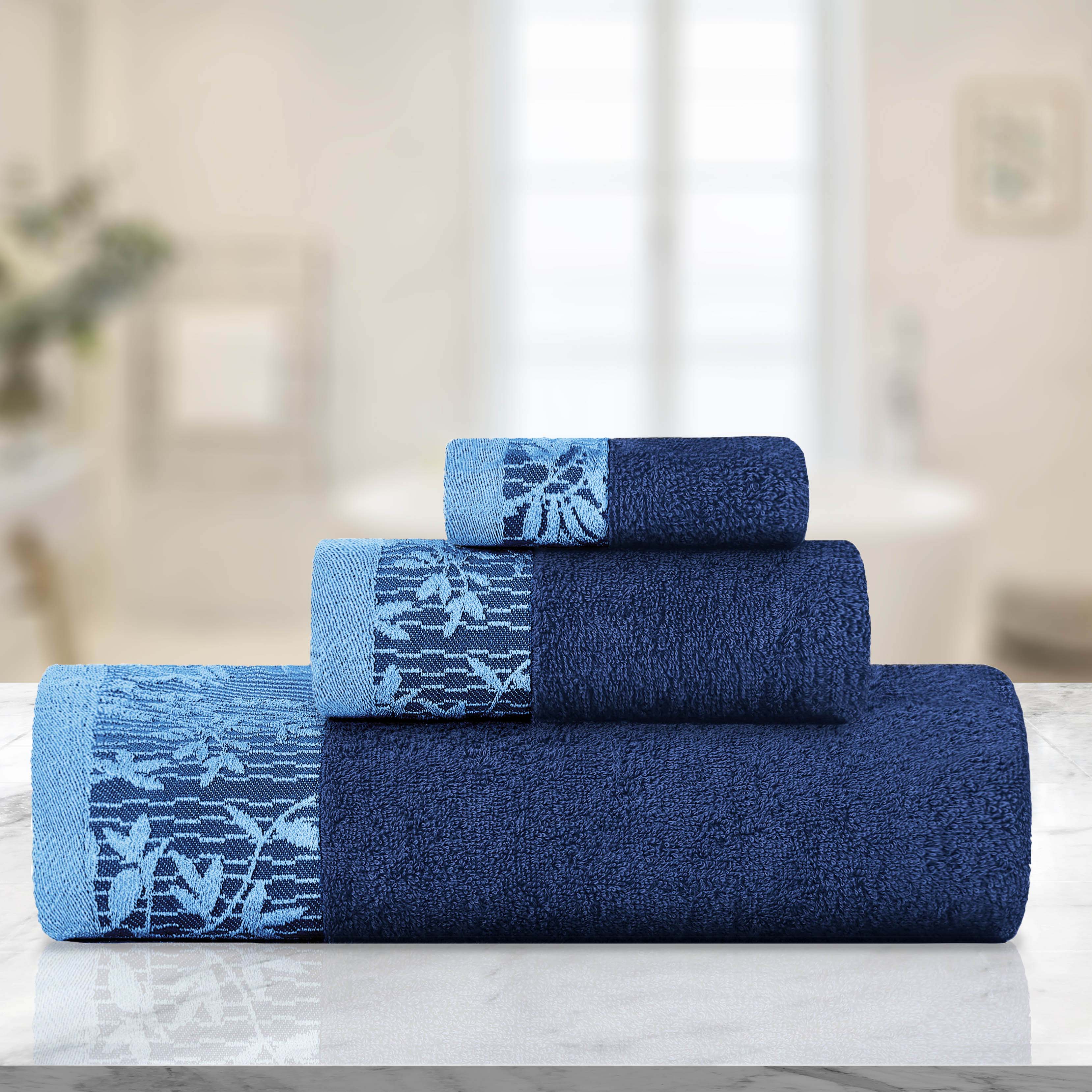Wisteria Cotton Floral Embroidered Jacquard Border 3-Piece Bath Towel Set - Soft & Absorbent for Spa, Bathroom & Guest Room Decor