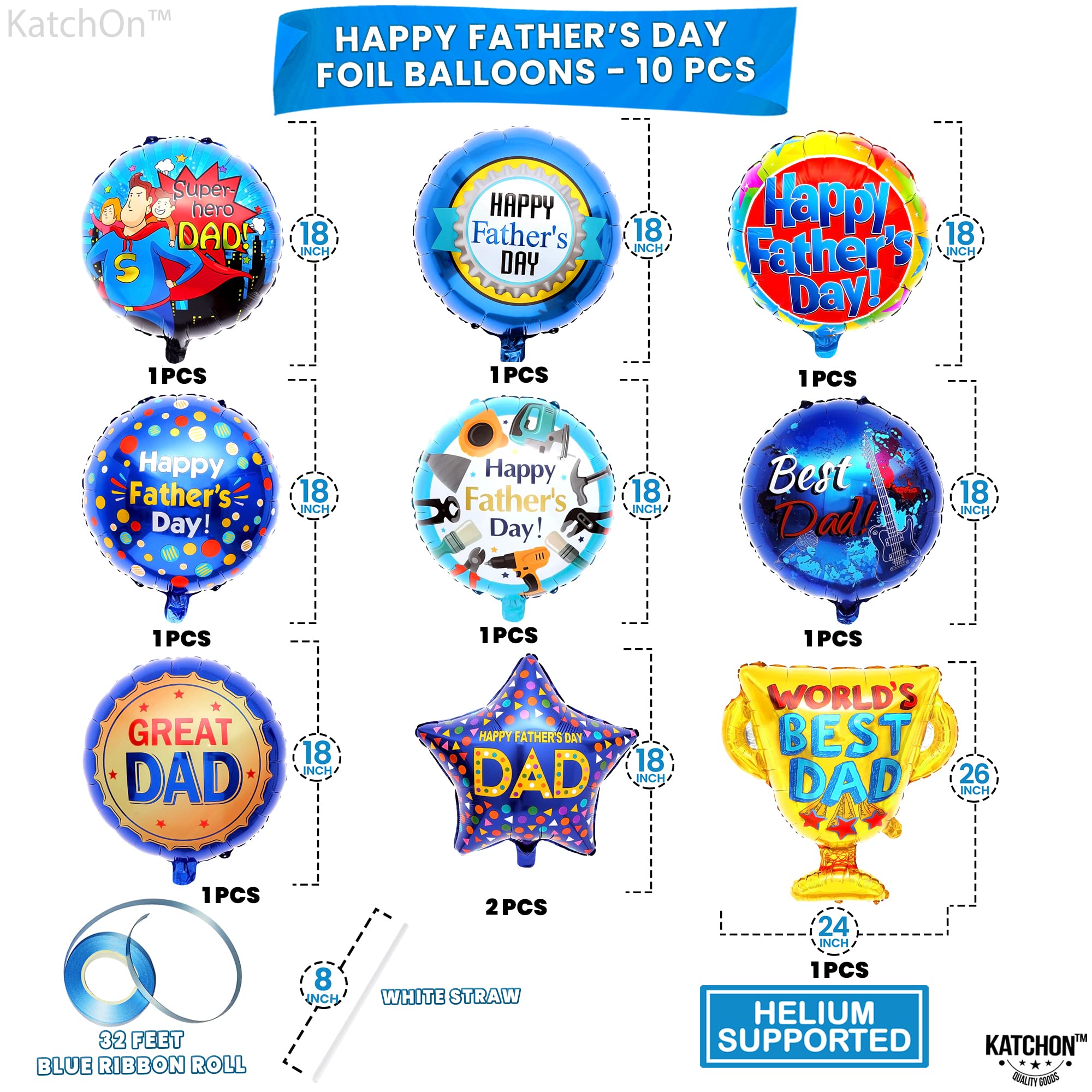KatchOn Happy Father's Day Balloons - Pack of 10 Large Foil Balloons for Dad | Super Hero Dad & Trophy Balloons for Father's Day Party Decorations | Perfect for Backdrops, Home Decor, and Birthday Celebrations
