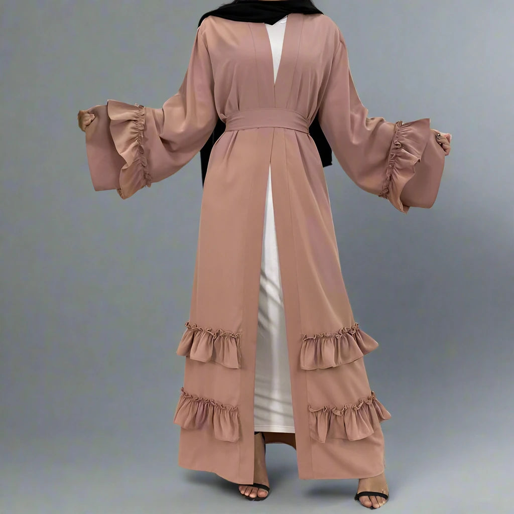 Elegant Muslim Women's Ruffle Sleeve Cardigan Open Robe Abaya Dress - Modest Islamic Clothing for Prayer, Home & Special Occasions