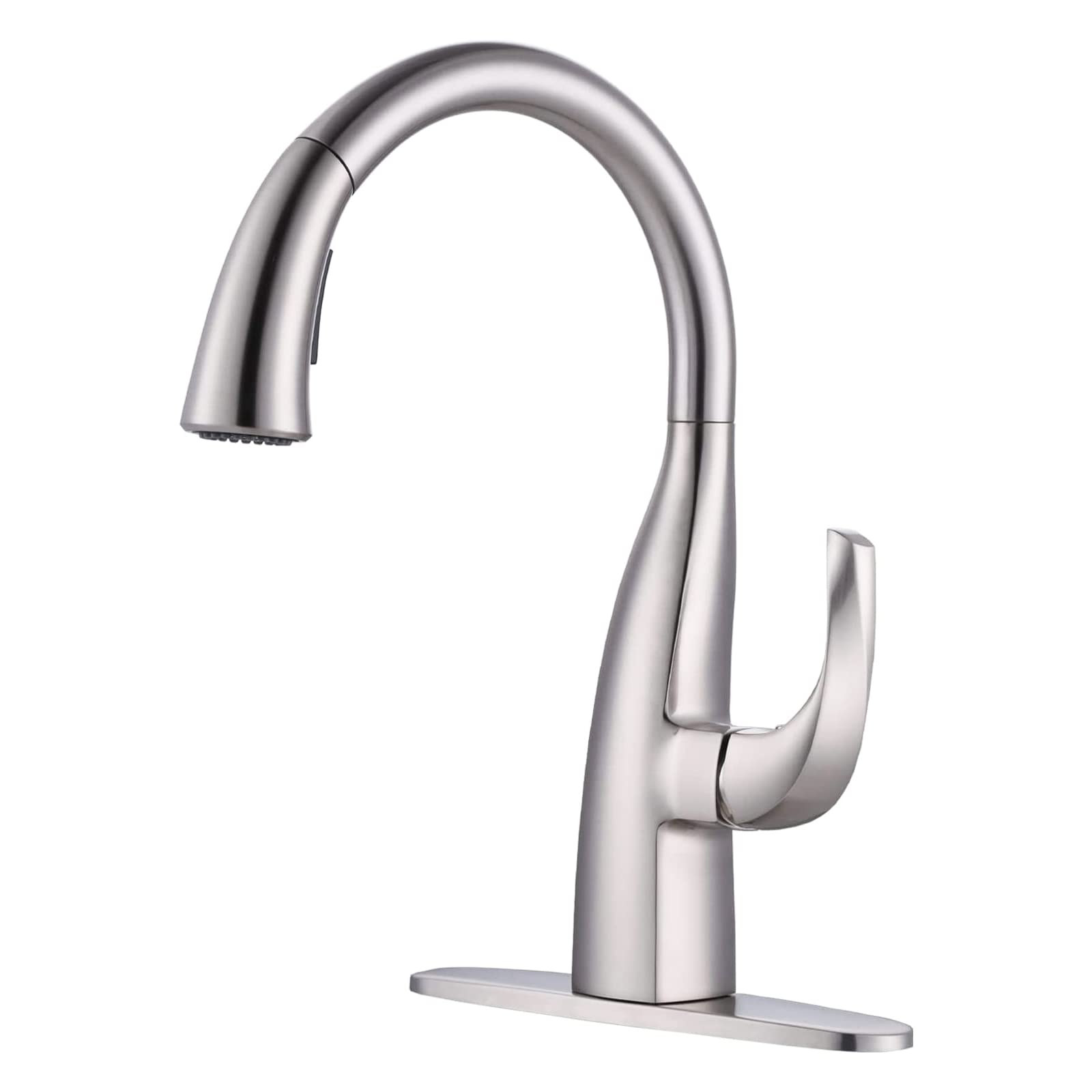 Premium Brushed Nickel Single Handle High Arc Gooseneck Kitchen Faucet with Pull Down Sprayer - Stainless Steel Modern Water Tap for Sink with Deck Plate - Ideal for Home Kitchen, Restaurant & Commercial Use (Patented Design)