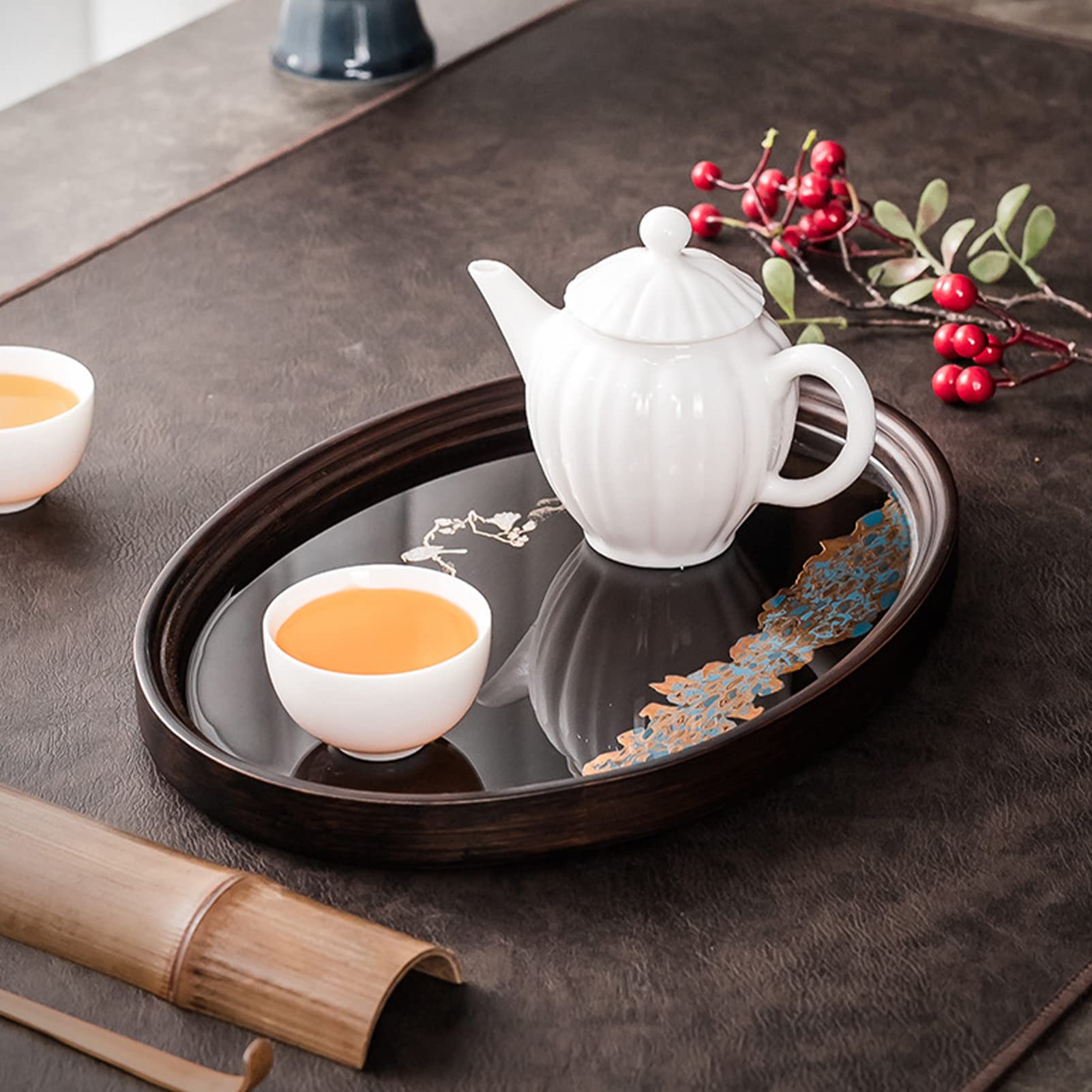 Premium Japanese Style Bamboo Tea Tray - Handcrafted Resin & Walnut Serving Tray for Coffee, Tea & Snacks - Elegant Oval Large Food Tray for Home, Office & Zen Decor - Perfect for Tea Ceremonies, Entertaining Guests & Asian-Inspired Dining