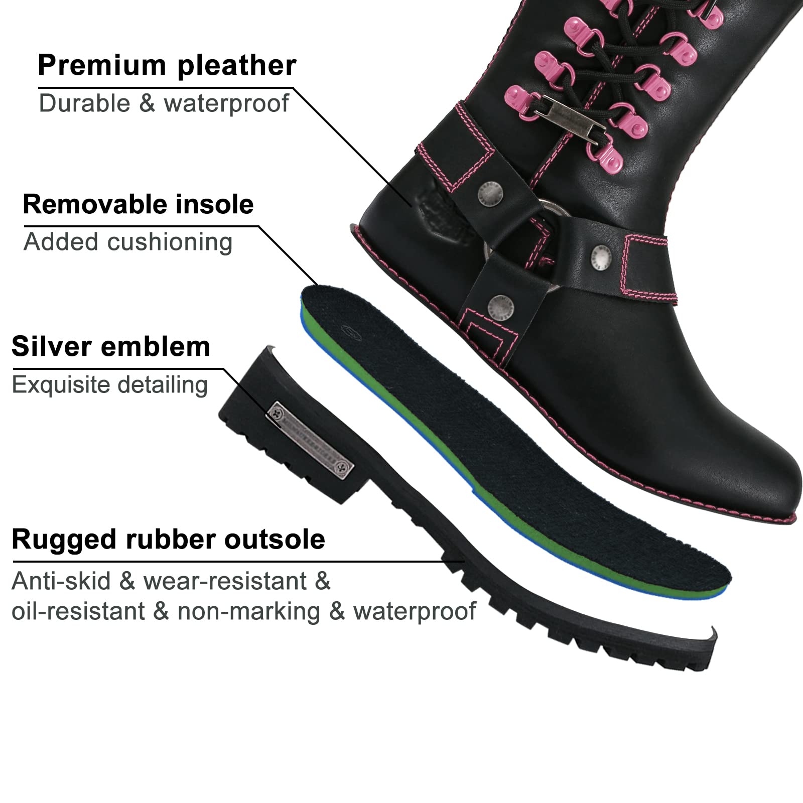 Dream Apparel Women's Motorcycle Riding Boots - Black PU Leather Biker Boots with Square Toe, Lace Up & Side Zipper | Knee High Boots for Harley Riding, Motorcycle Club & Fashion Outfits