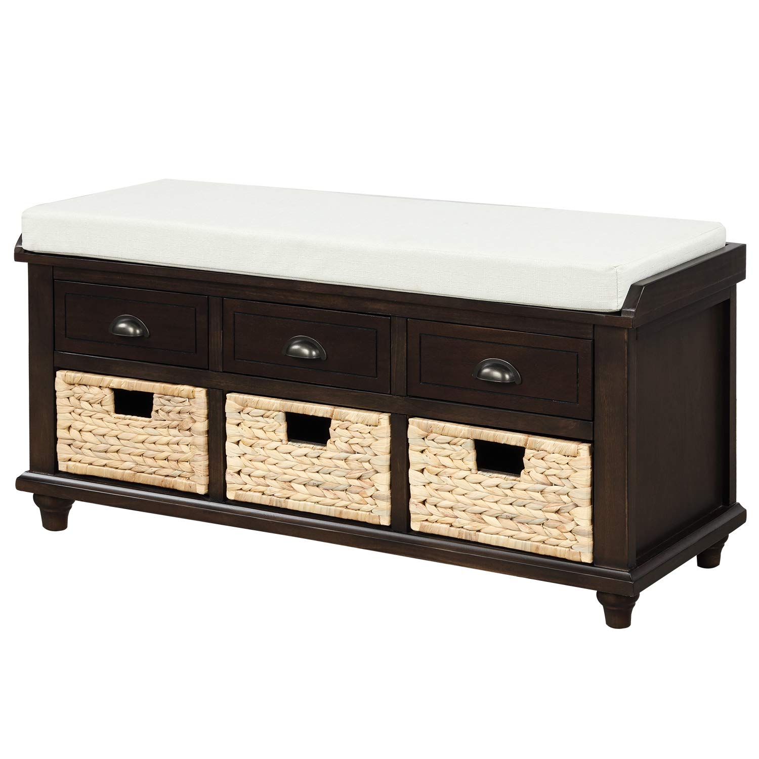Rustic Wooden Storage Bench with 3 Drawers & 3 Woven Rattan Baskets - Entryway Shoe Bench, Hallway Organizer, Living Room Furniture (Espresso Finish) - Perfect for Small Spaces, Mudroom & Closet Storage