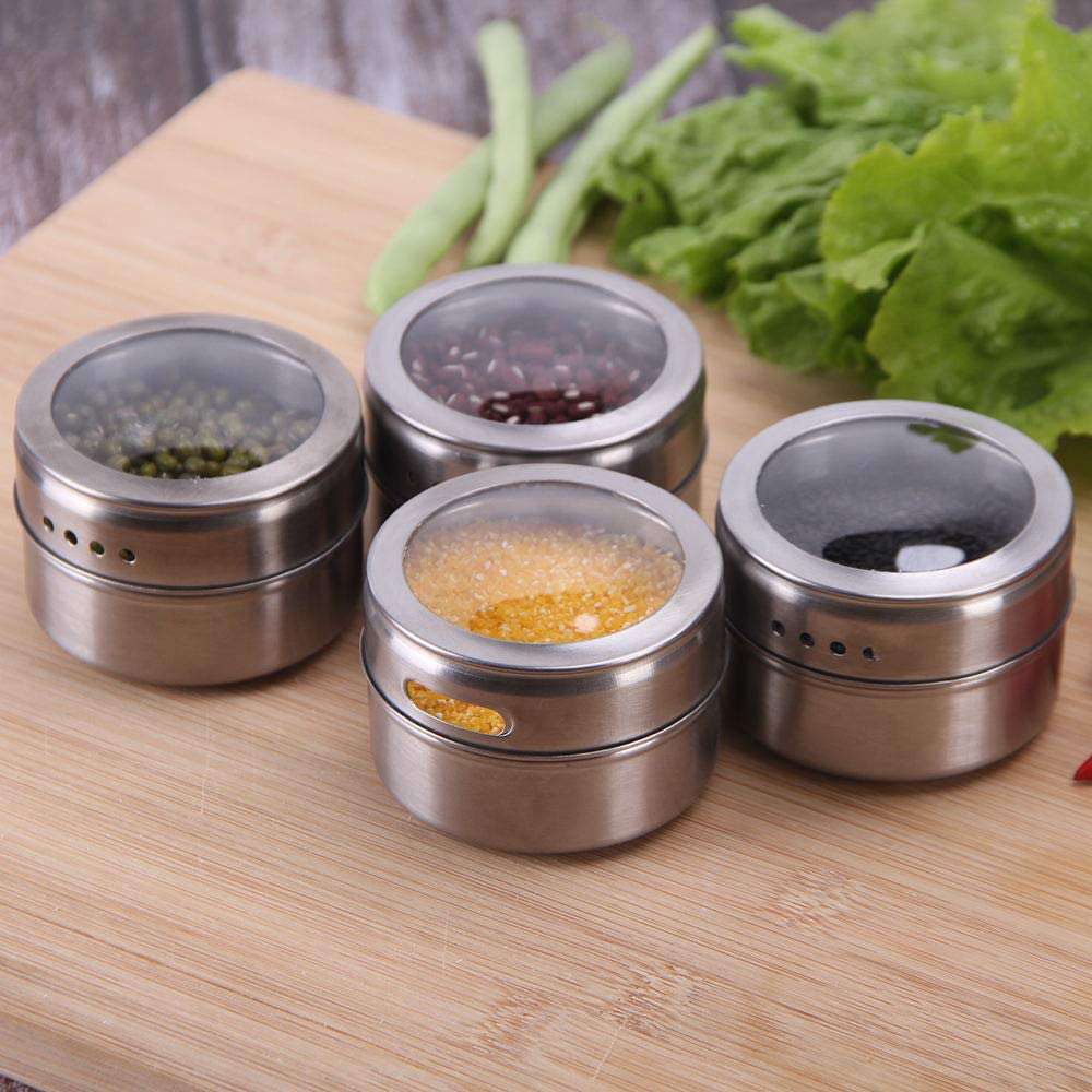 12-Piece Magnetic Spice Jars Set - Stainless Steel Wall Mounted Spice Containers with Strong Hold | Perfect for Kitchen Organization & Spice Storage