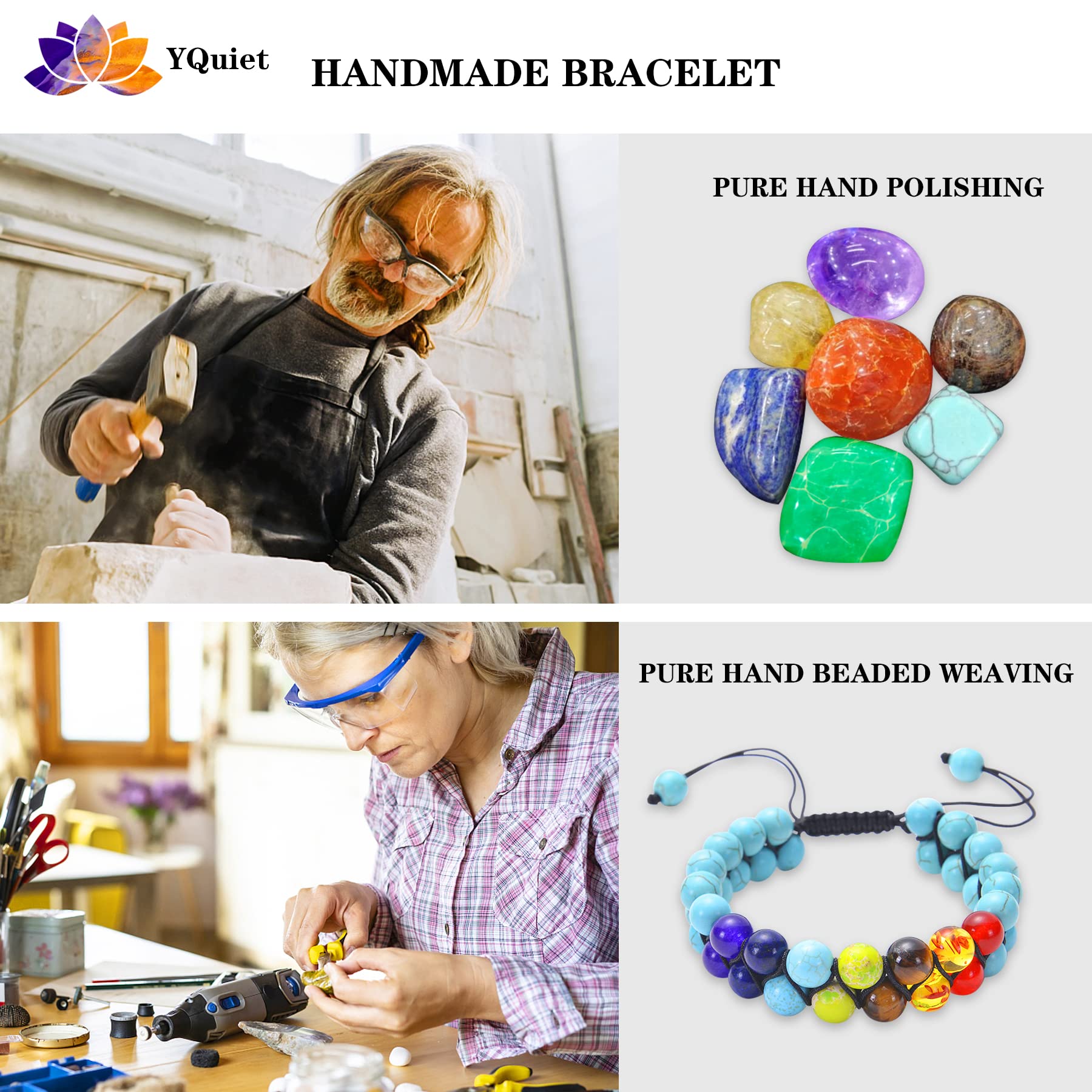 YQuiet 8mm Beaded Bracelets for Women & Men - Handmade 7 Chakra Crystal Healing Bracelet with Spiritual Protection & Good Luck Energy | Yoga, Meditation & Everyday Wear