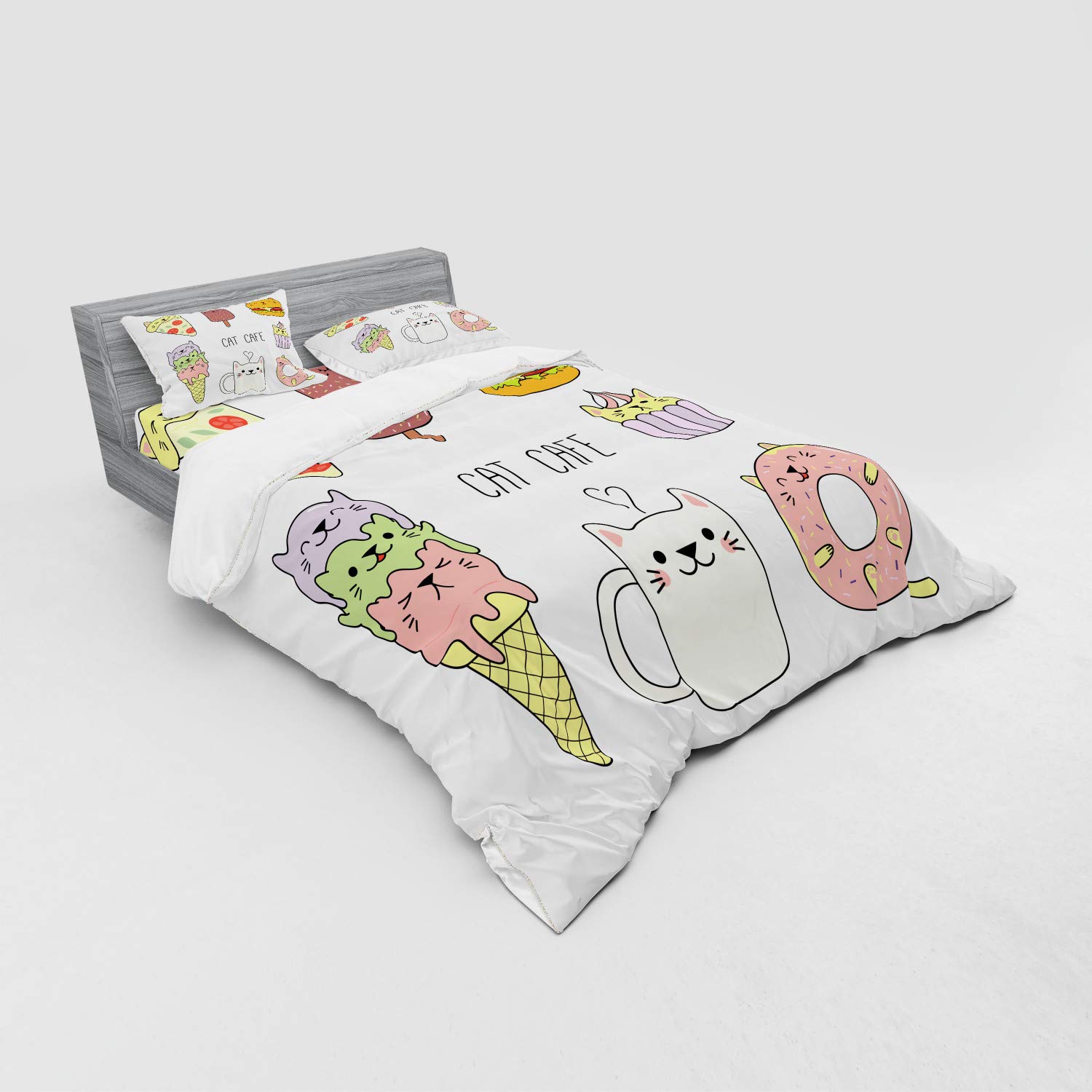 **Ambesonne Cartoon Cat Cafe Bedding Set - Hand Drawn Food Illustration with Pizza, Ice Cream & Cupcakes - 4 Piece Duvet Cover Set with Shams & Fitted Sheet - Queen Size, Multicolor - Perfect for Kids' Rooms, Themed Bedrooms & Gift Ideas**