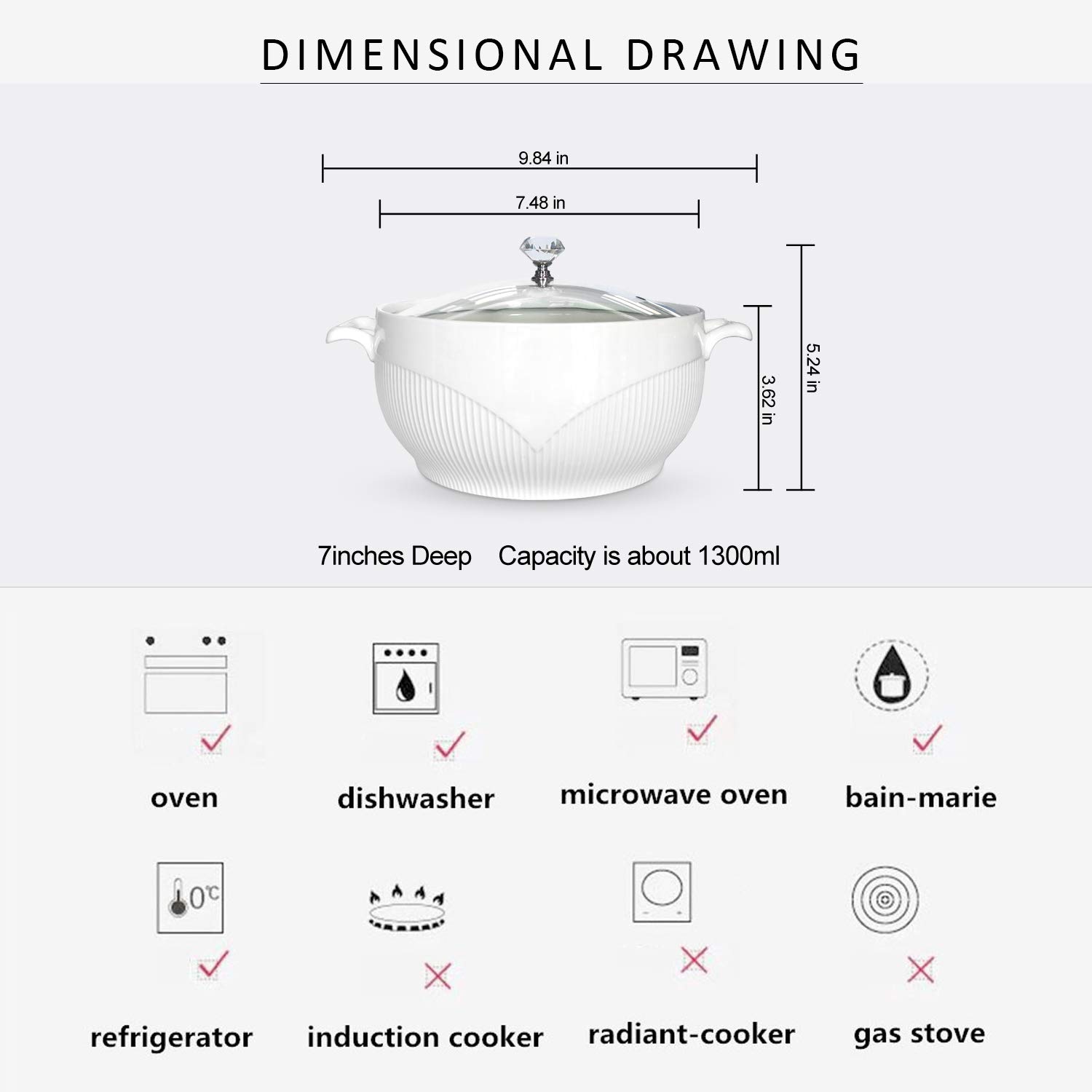 Premium White Ceramic Soup Tureen with Glass Lid - 7.48 Inch Porcelain Serving Bowl for Restaurants & Home Kitchens - Elegant Decorative Covered Soup Tureen for Creamy Soups, Stews & Chili - Perfect for Dinner Parties, Holiday Meals & Family Gatherings