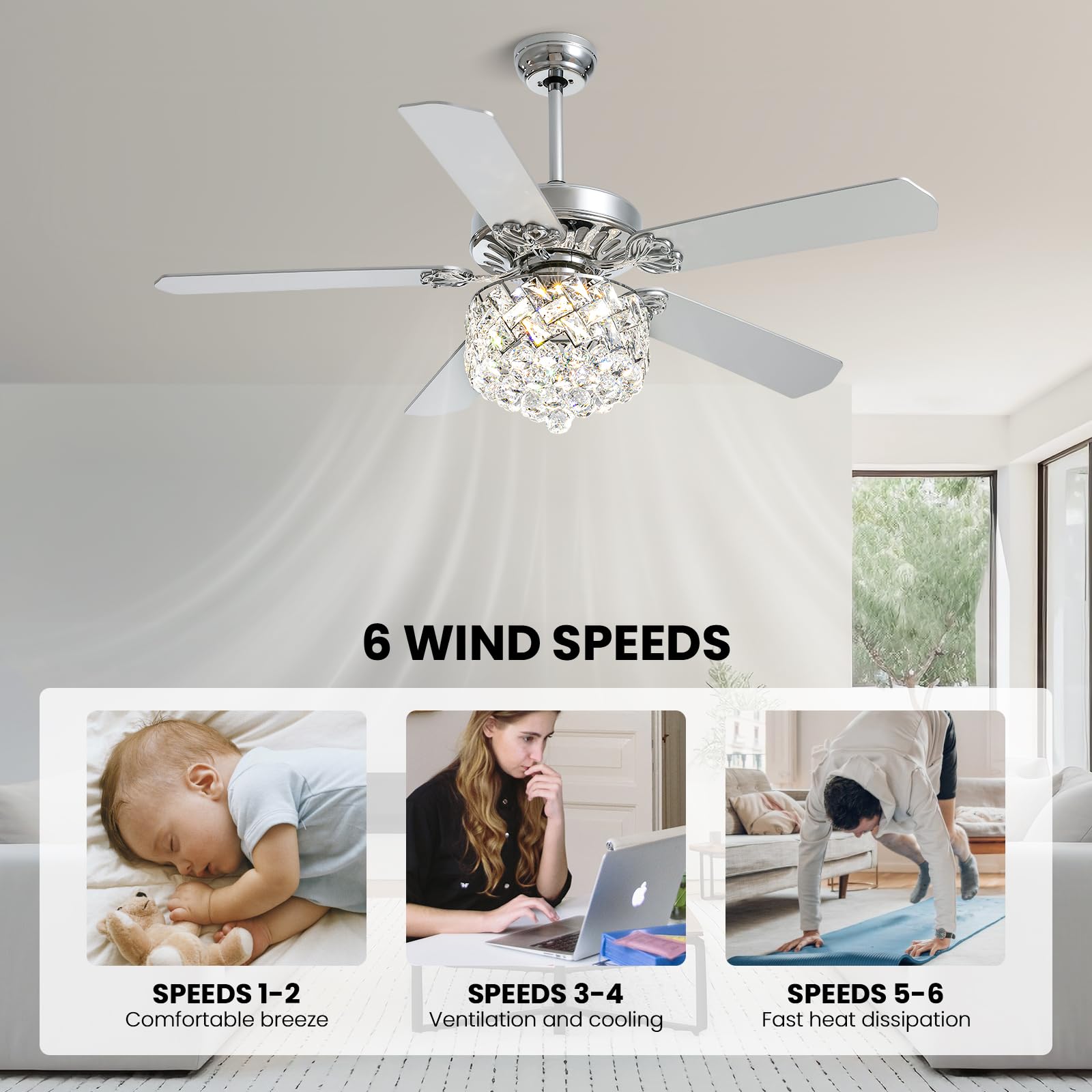 CROSSIO 52 Inch Modern Crystal Ceiling Fan with Dimmable LED Light - Remote Control Reversible Chandelier Fan for Bedroom, Living Room & Dining Room - Chrome Finish - Energy Efficient Cooling & Stylish Home Decor