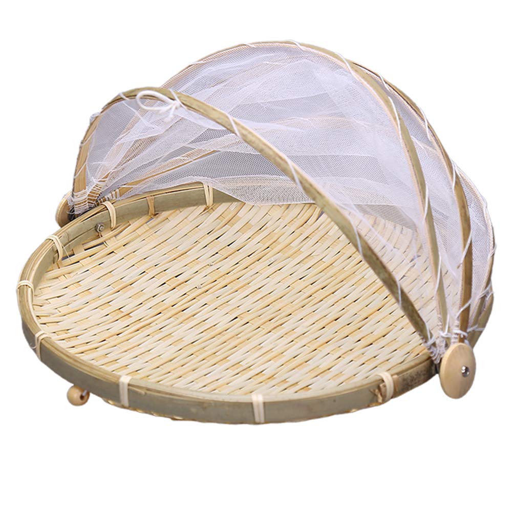DOITOOL Hand Woven Bamboo Bread Basket - Bug Proof Picnic Basket with Gauze Cover for Fruits, Vegetables & Bread | Natural Khaki Color (Size M) | Perfect for Outdoor Picnics, Kitchen Storage & Farmhouse Decor