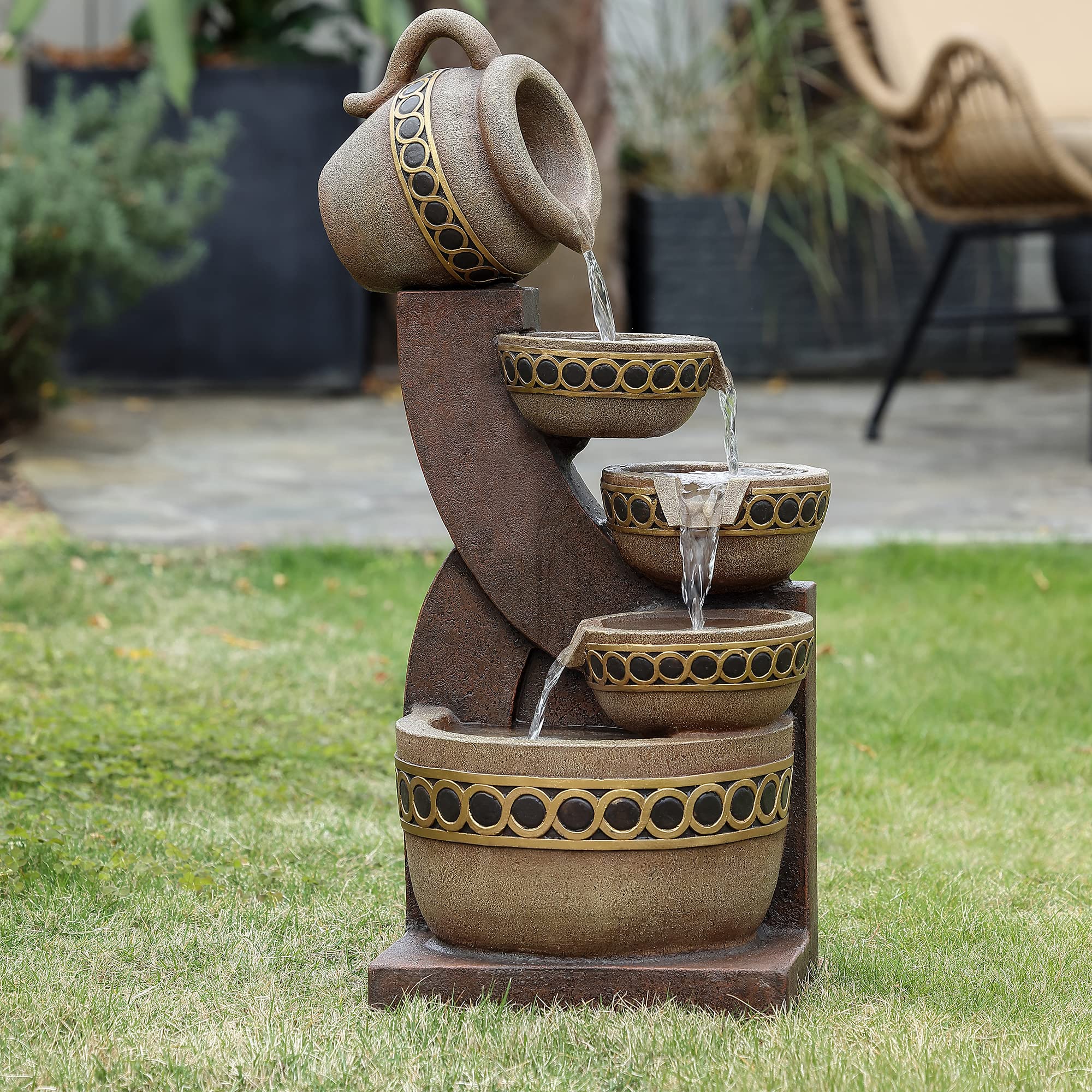 LuxenHome 5-Tiered Polyresin Outdoor Water Fountain - Cascading Pitcher Design with Waterfall Feature for Patio, Yard & Garden Decor | Perfect for Relaxing Backyard Ambiance and Zen Garden Landscaping