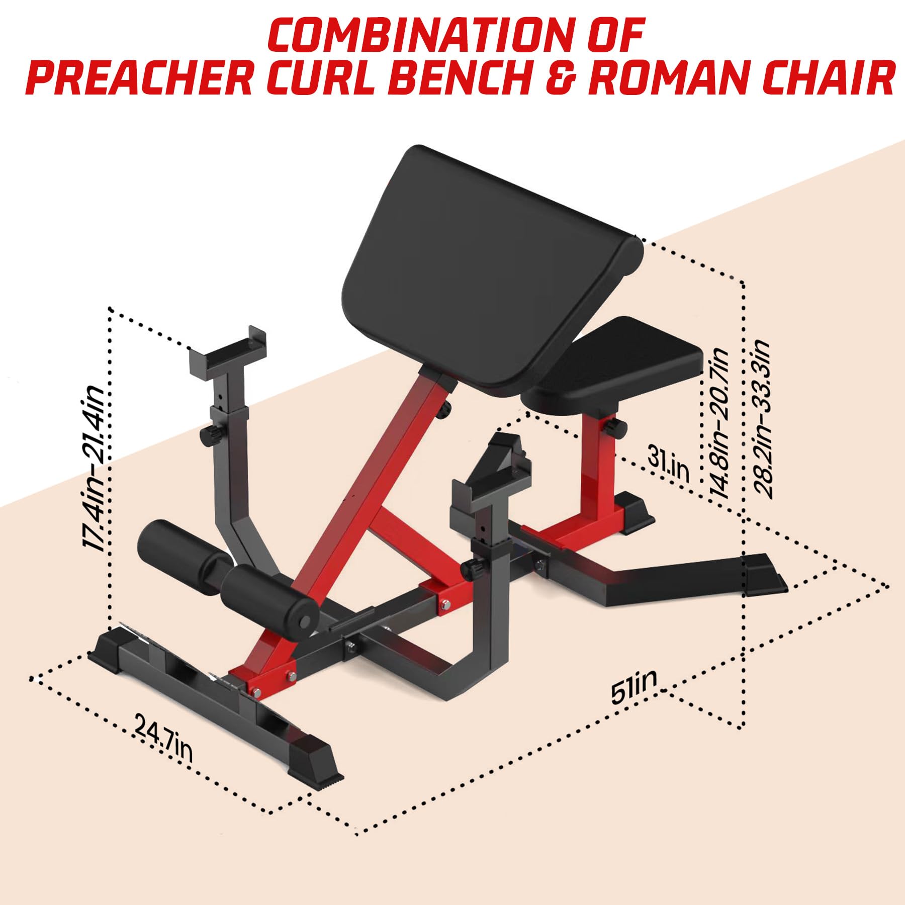 GARVEE 2-in-1 Roman Chair & Preacher Curl Bench - Adjustable Height Hyperextension Bench for Home Gym - Arms, Abs, Back, Glutes & Leg Workout Equipment - Heavy Duty Multi-Functional Fitness Bench (Red) - Perfect for Home Workouts, Strength Training & Core Exercises