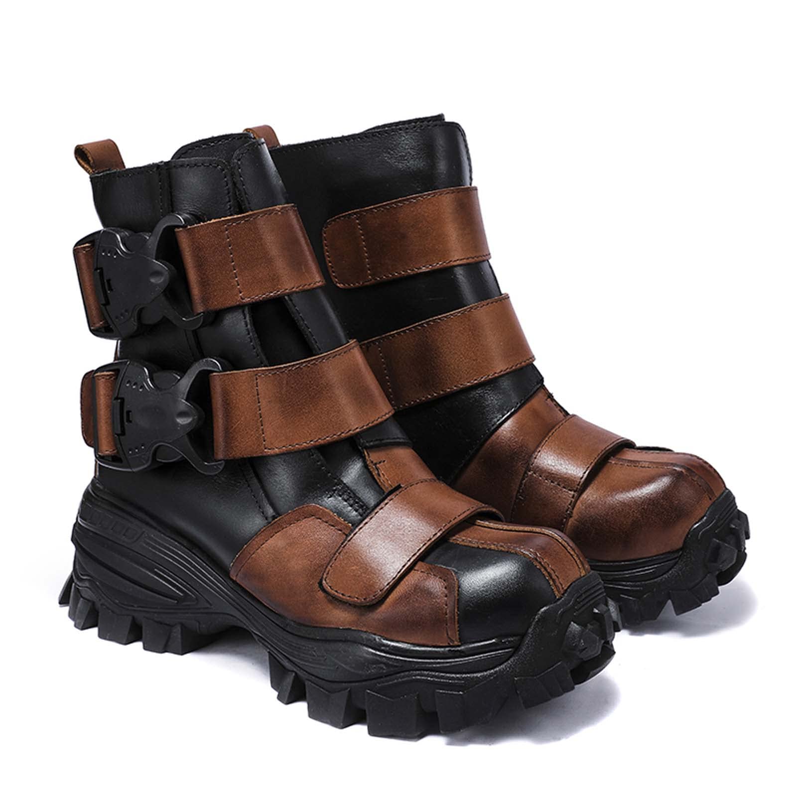**Men's Genuine Leather Motorcycle Boots - Military Combat Gothic Punk Ankle Boots with Platform for Riding & Outdoor Adventures**    **Use Scenarios:** Perfect for motorcycle riding, military activities, punk fashion, outdoor adventures, and casual wear.