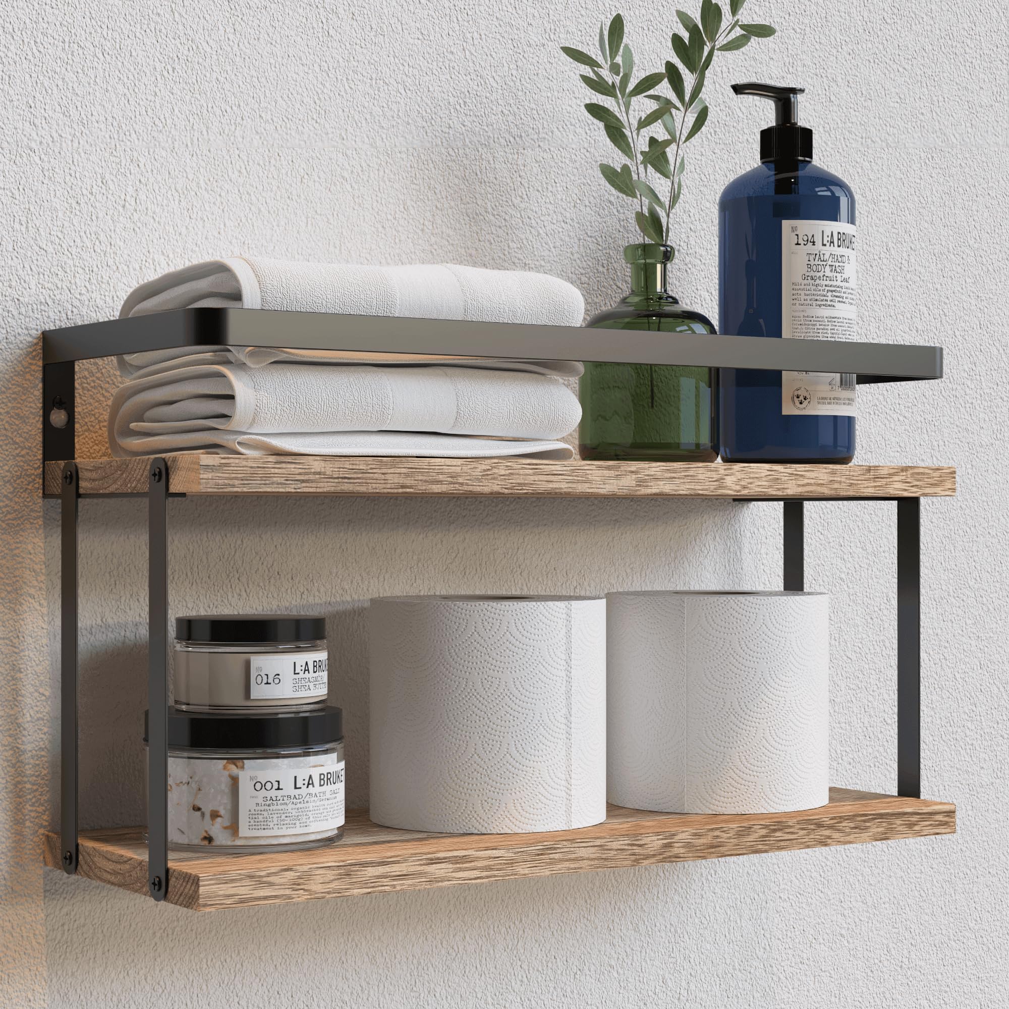 RICHER HOUSE Dual-Level Floating Shelves with Guardrail - Rustic Wood Wall Mounted Shelf for Bathroom & Kitchen Storage | Over Toilet Paper Organizer, Bathroom Wall Decor & Kitchen Spice Rack - Perfect for Small Space Organization & Farmhouse Style Home Decor