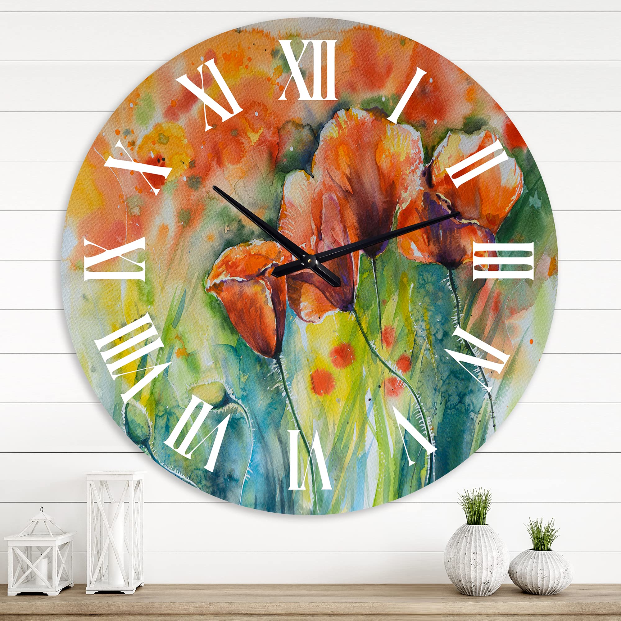 Large Floral Wall Clock - Red Blossoming Poppies V Traditional Decor for Living Room, Bedroom & Office | Silent Non-Ticking Home Decor