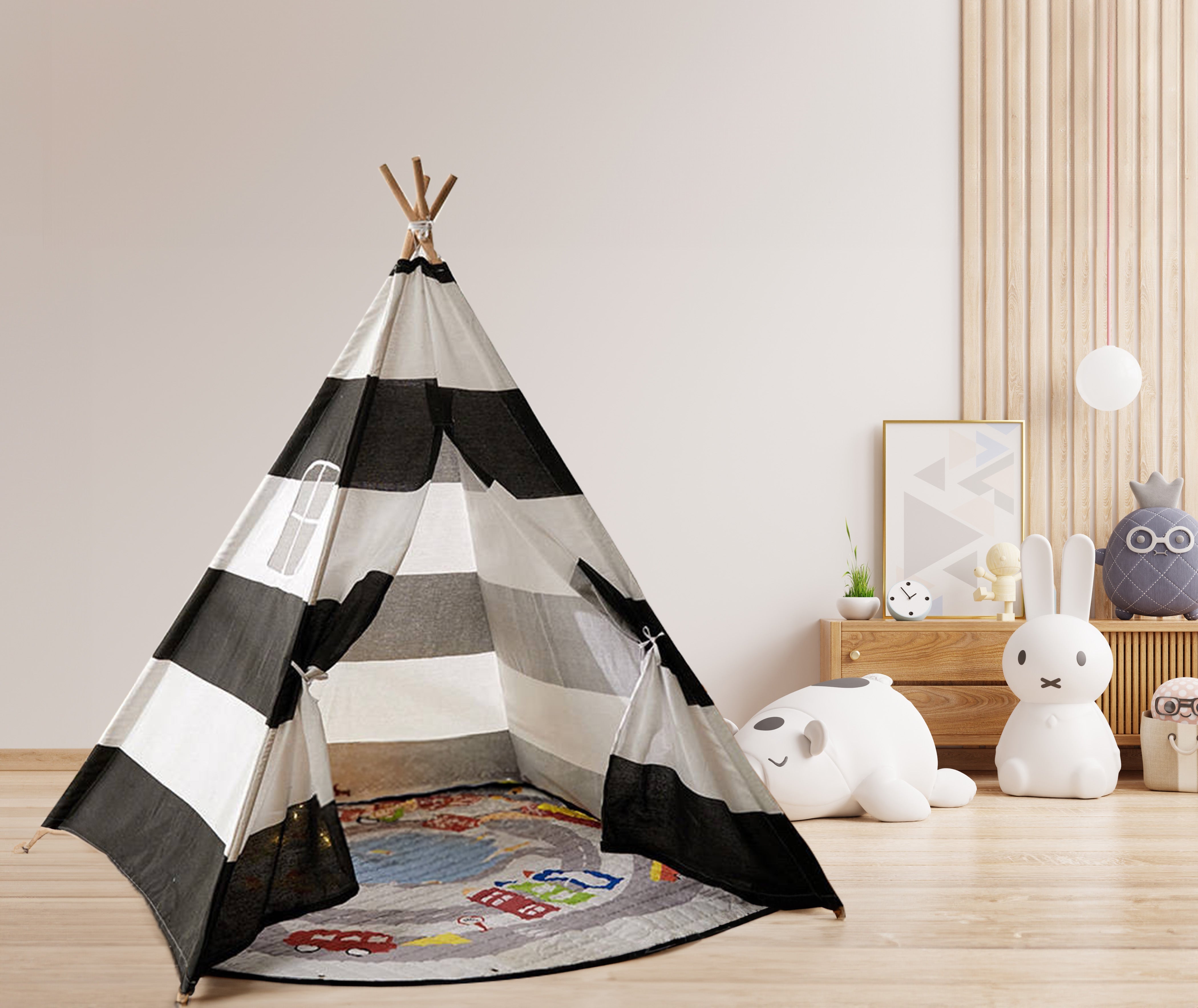 Large Foldable Kids Canvas Teepee Play Tent with LED Lights - Black & White - Perfect for Indoor Playroom, Nursery Decor, and Children's Birthday Parties